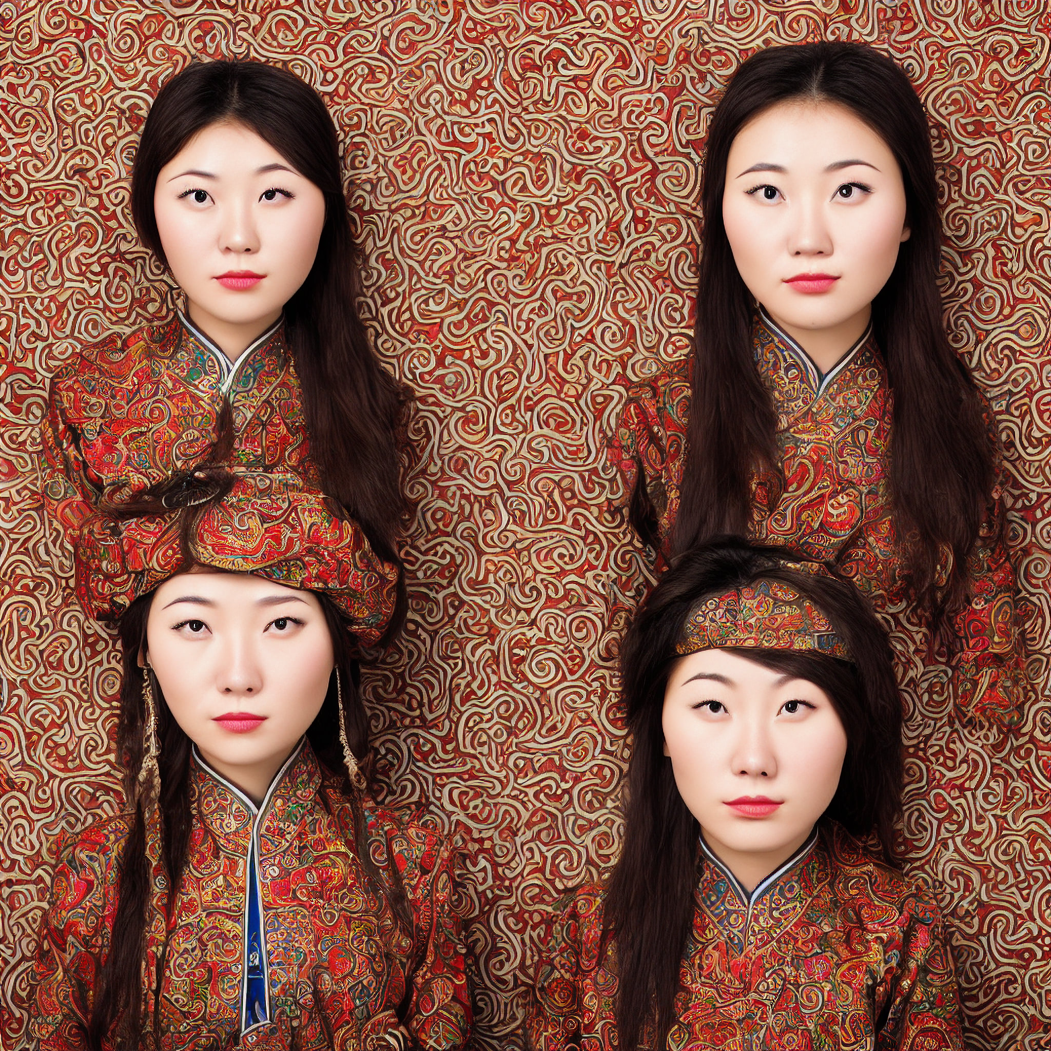Four young women with dark hair, wearing ornate red Mongolian-style dresses against a patterned background.