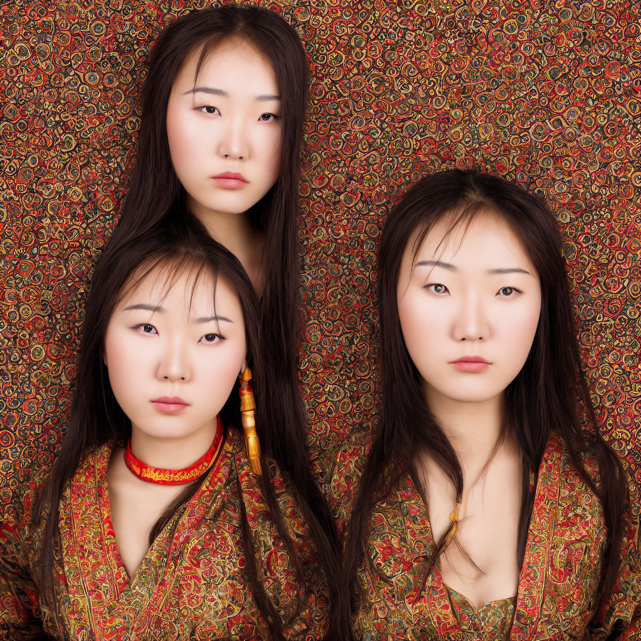 Three young Asian women with long dark hair, wearing traditional Mongolian-style dresses against an ornate patterned background.