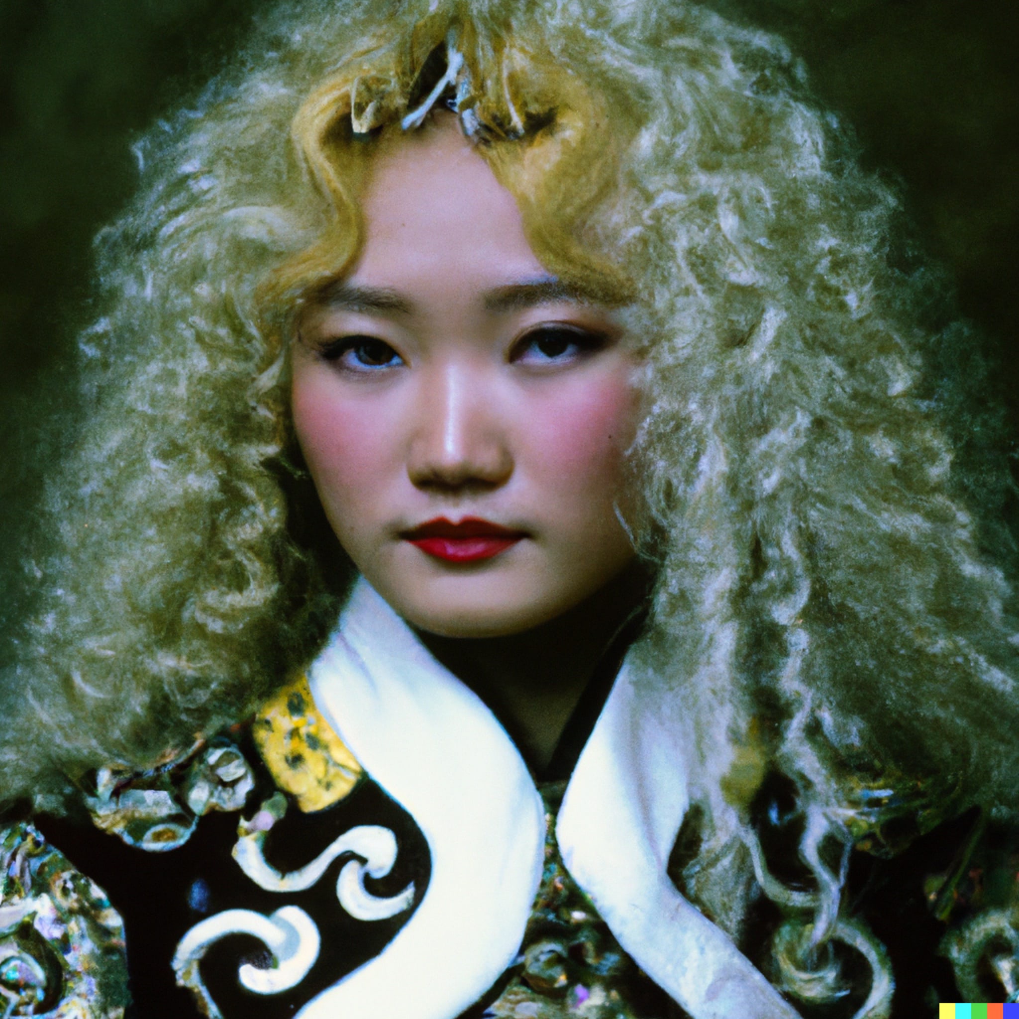 Young woman with curly blond hair wearing a Mongolian dress.