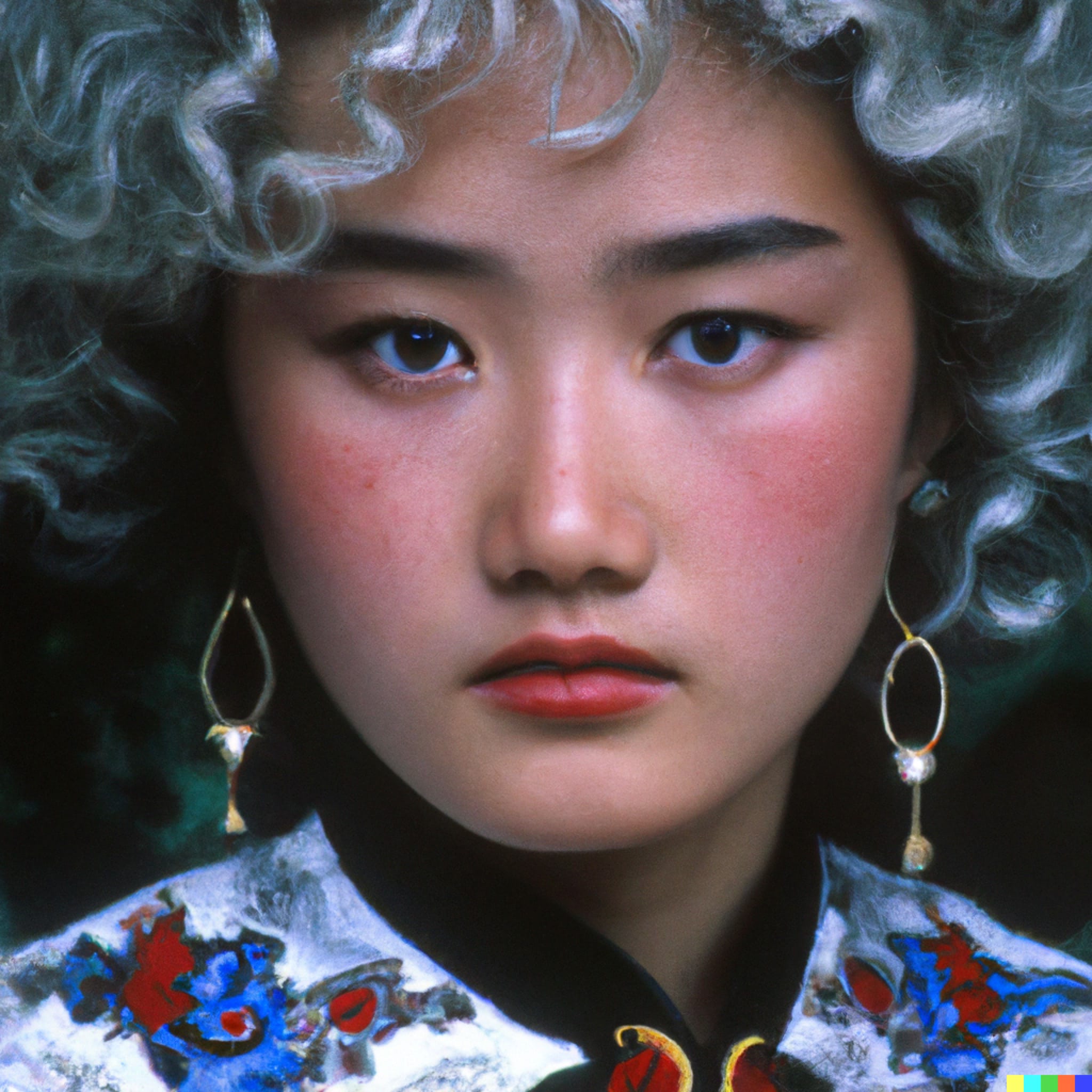 Close-up portrait of a young woman with curly gray hair, wearing a Mongolian-style dress and earrings.
