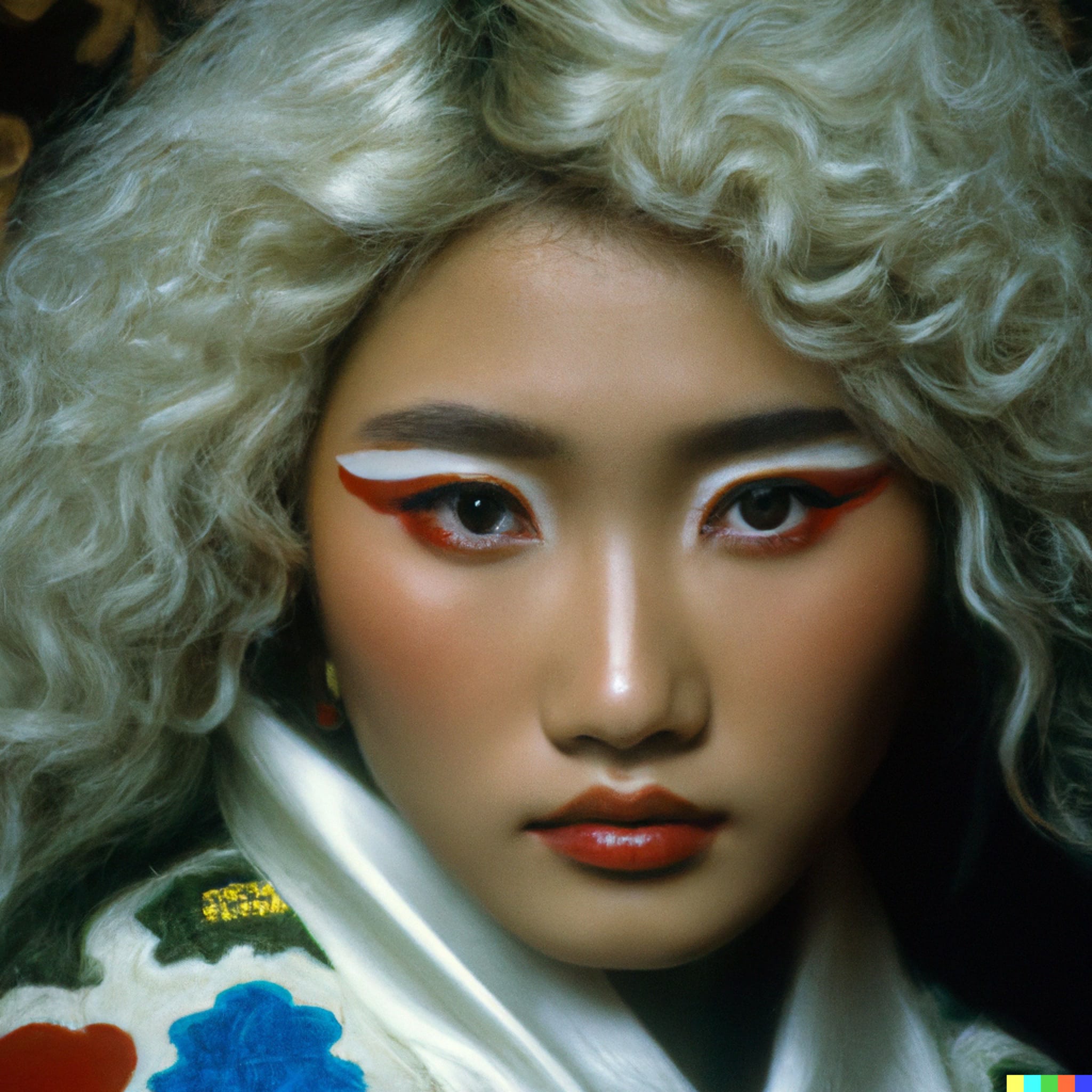 Close-up portrait of a young woman with curly blonde hair, wearing a Mongolian-style dress and bold makeup.