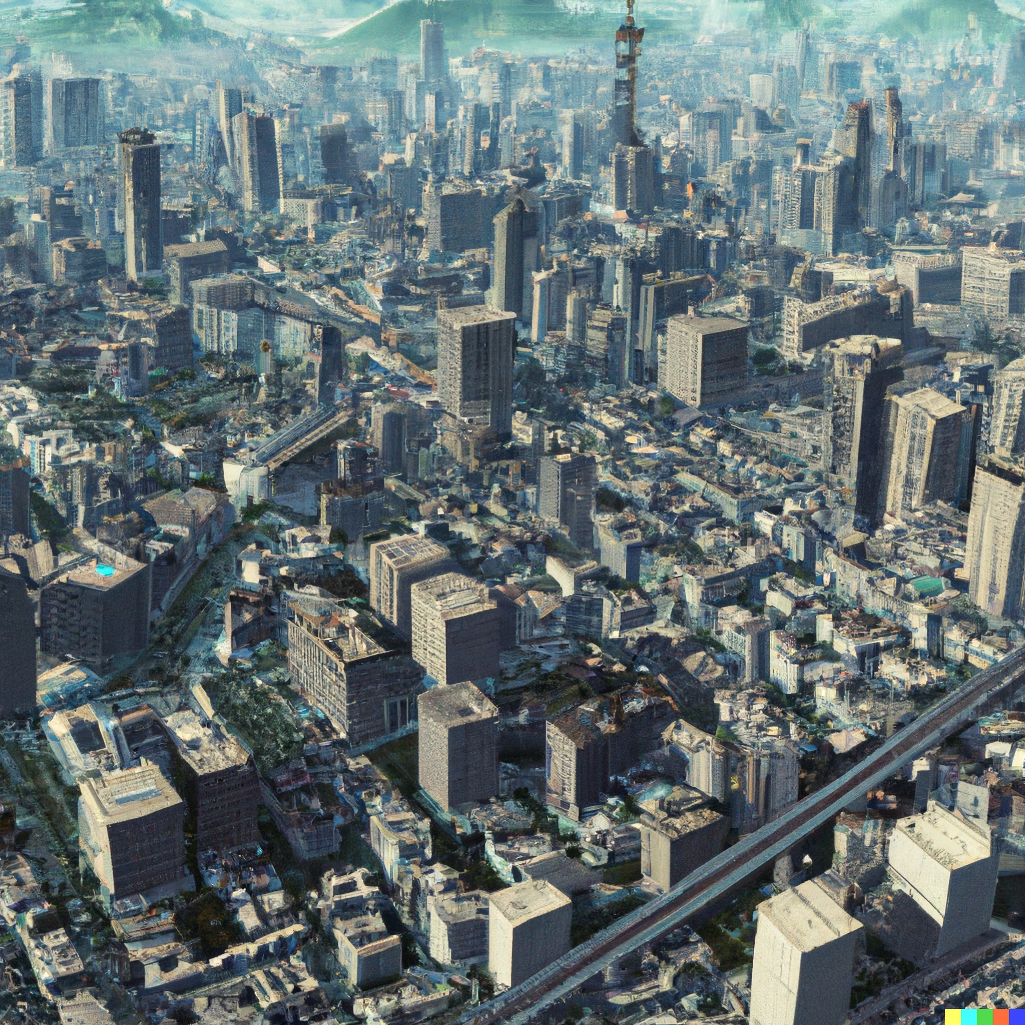 Aerial view of a dense, futuristic city with tall buildings and a highway.