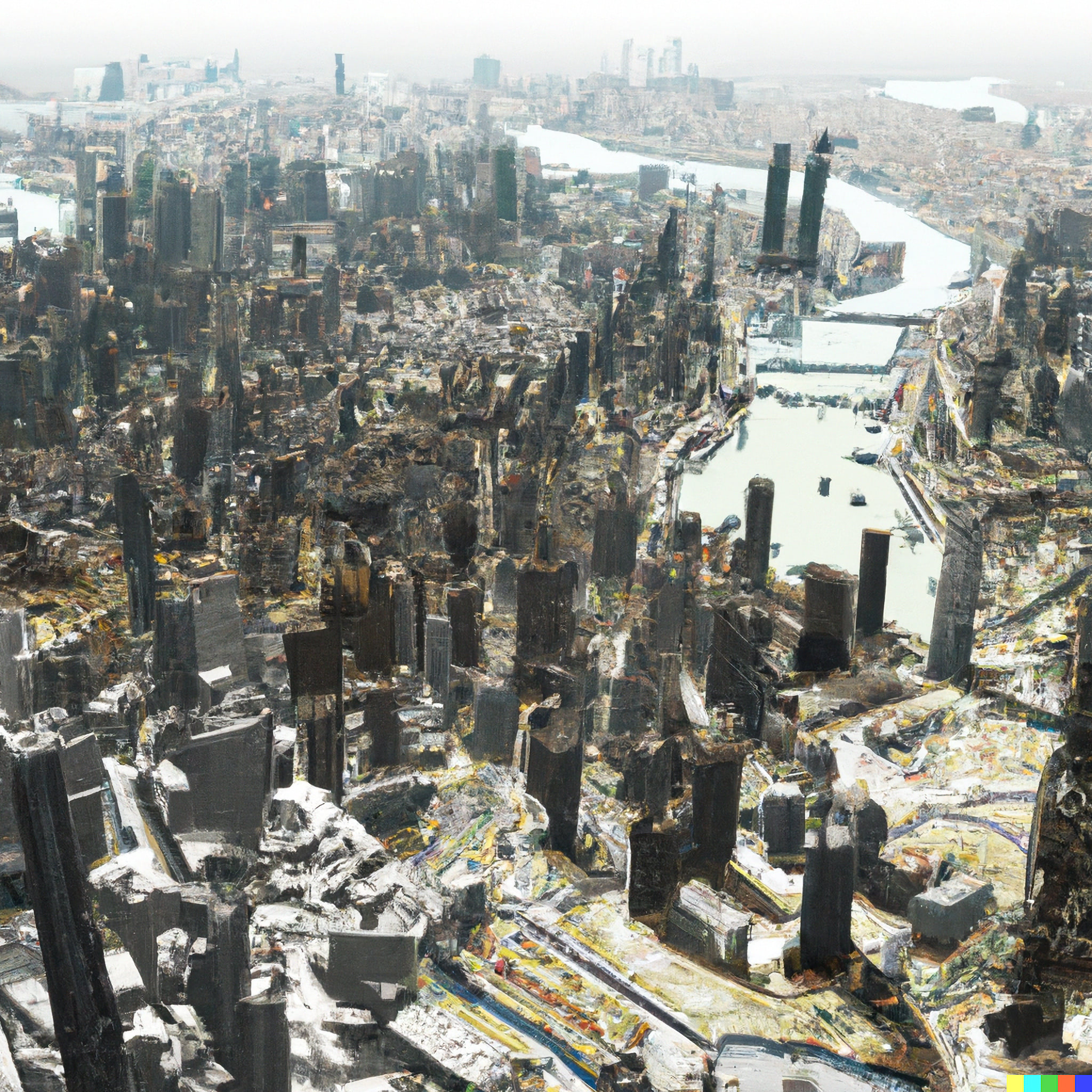 Aerial view of a post-modern city in China, heavily damaged and appearing in ruins.