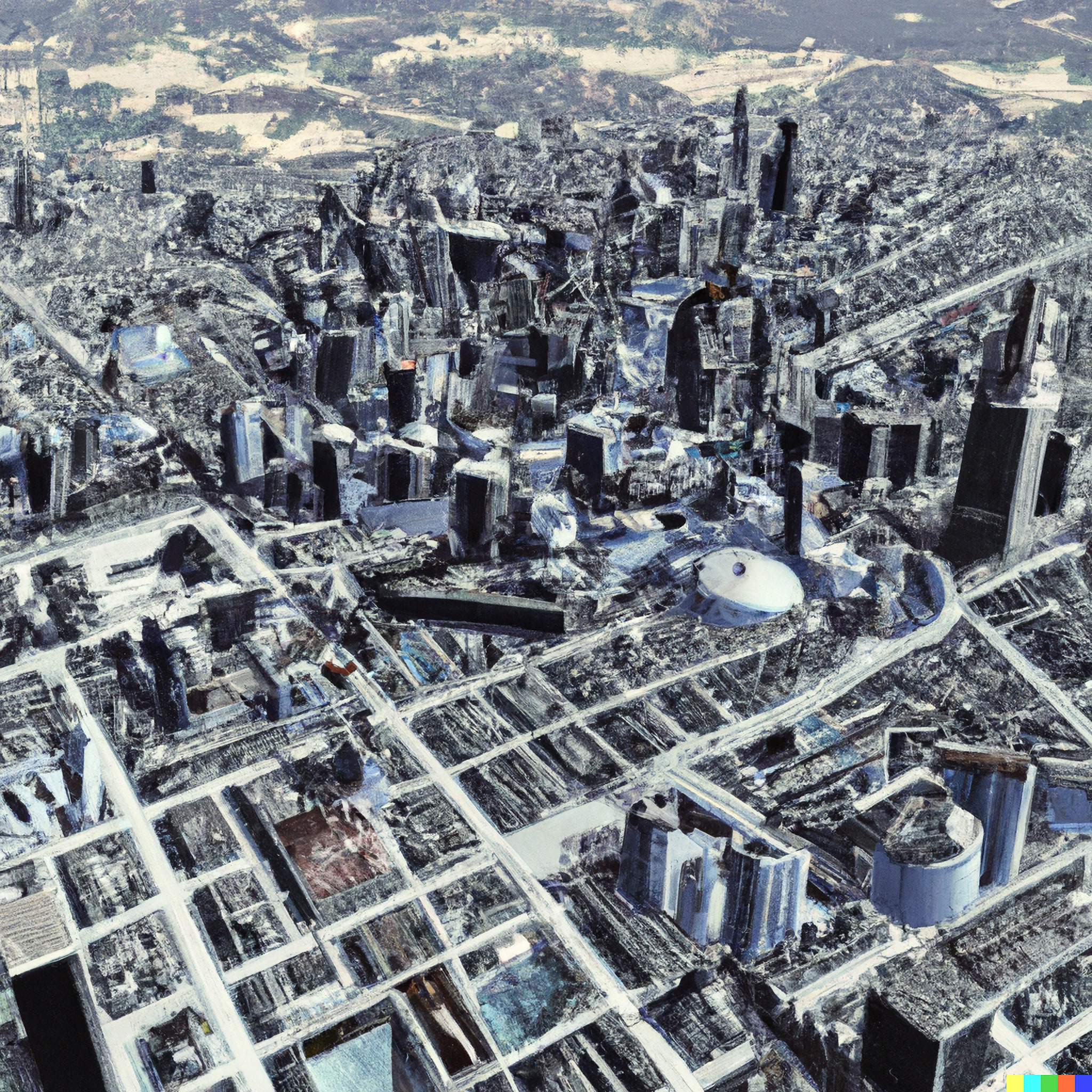 Aerial view of a city, possibly in China, rendered in a post-modern style with a grayscale color palette.