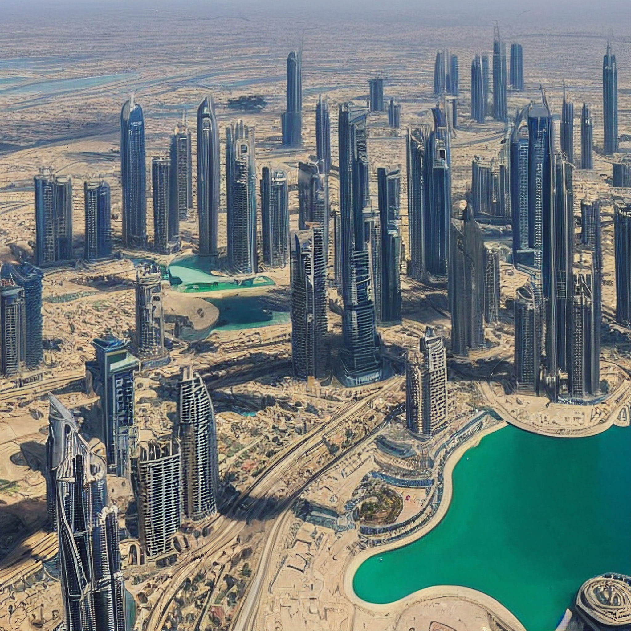 Aerial view of Dubai's cityscape with numerous skyscrapers and a turquoise lagoon.