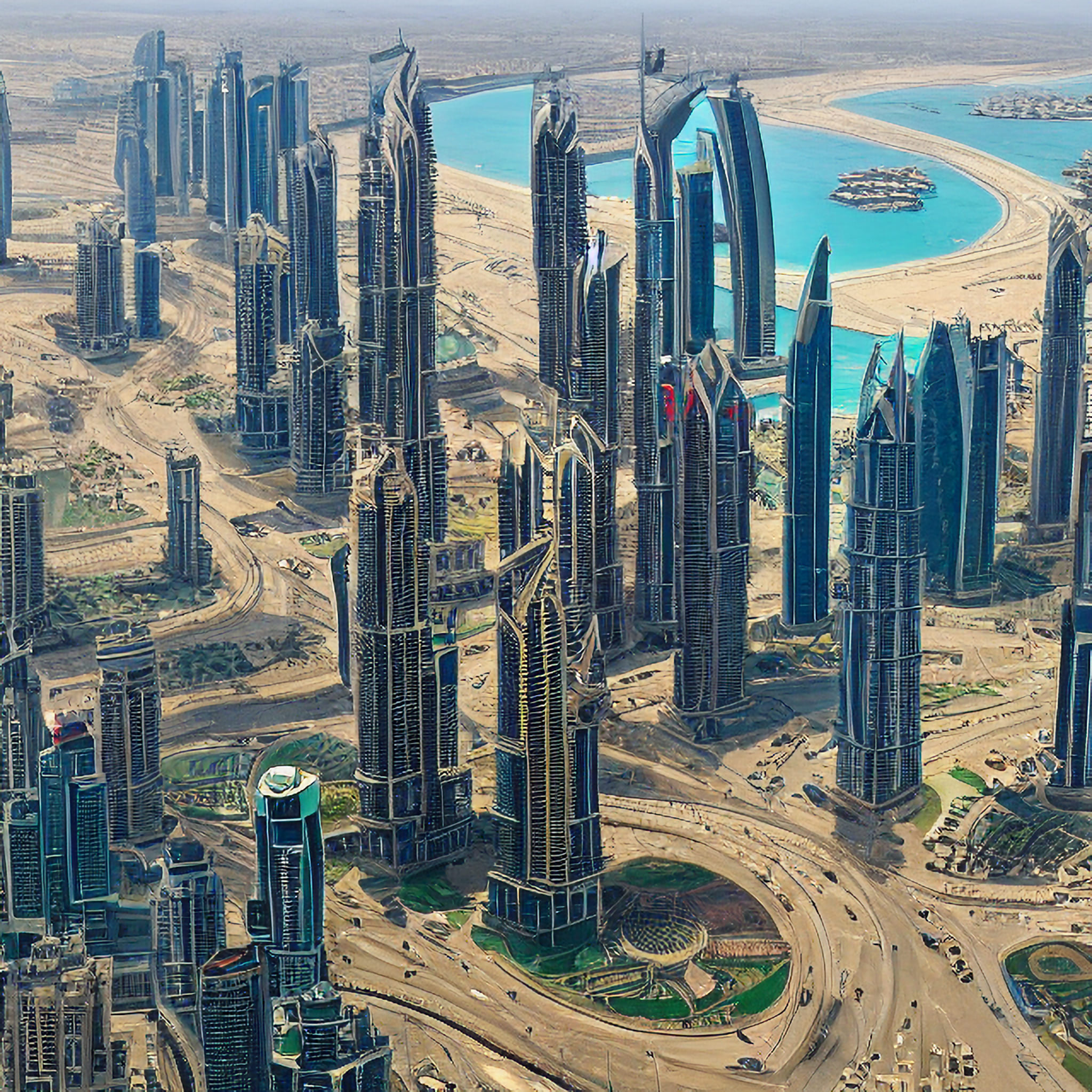 Aerial view of Dubai's cityscape, showing numerous skyscrapers and surrounding desert landscape.