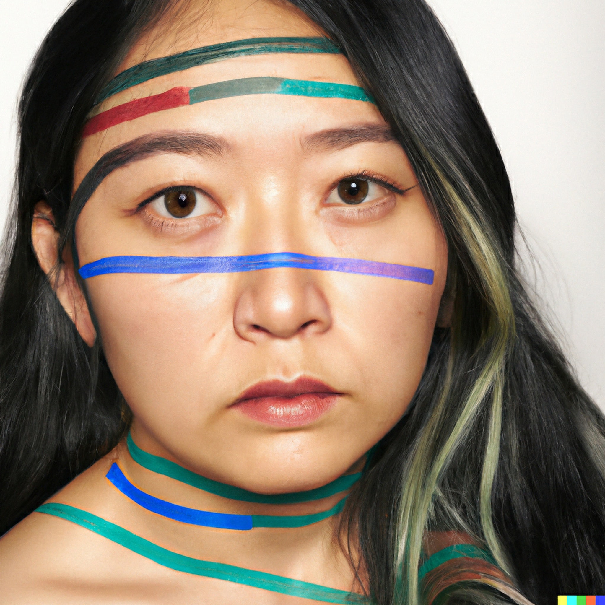 Portrait of a young woman with colorful lines painted on her face and neck.