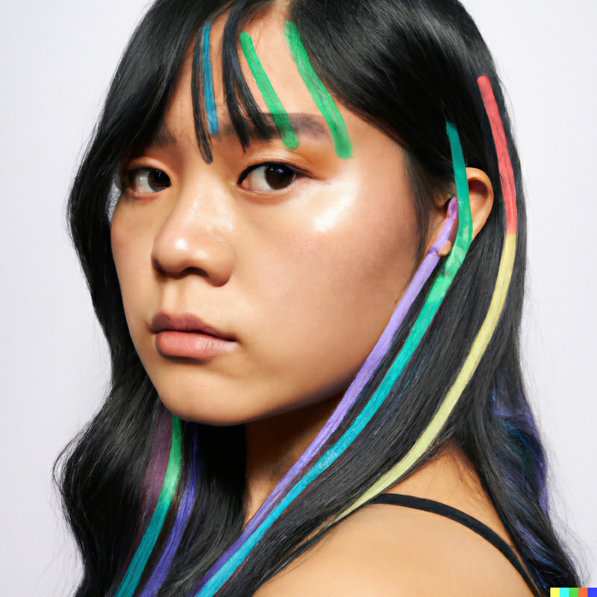 Portrait of a young woman with long black hair styled with colorful streaks.