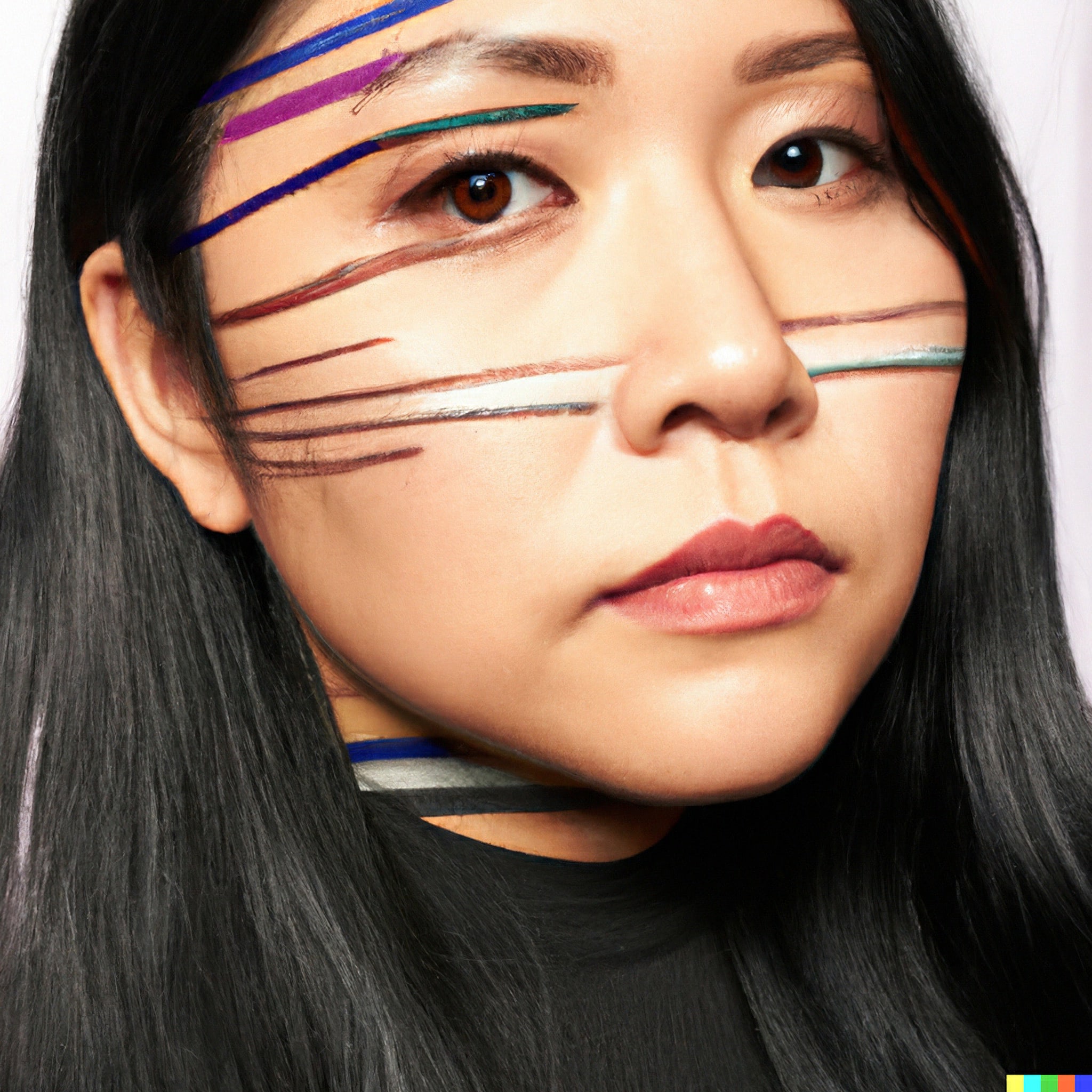 Portrait of a woman with colorful lines of makeup on her face.