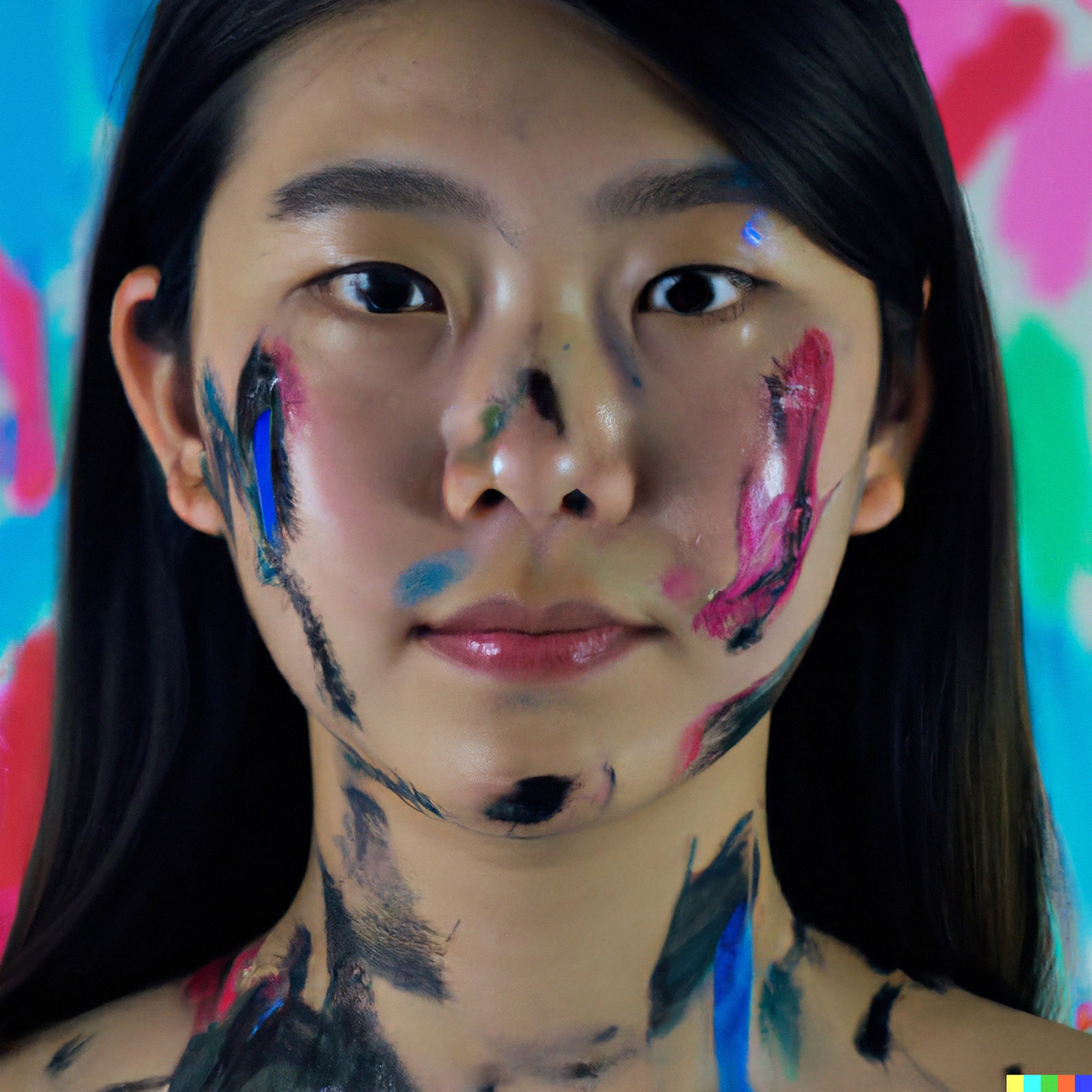 Close-up headshot of a young woman with colorful paint on her face and neck.