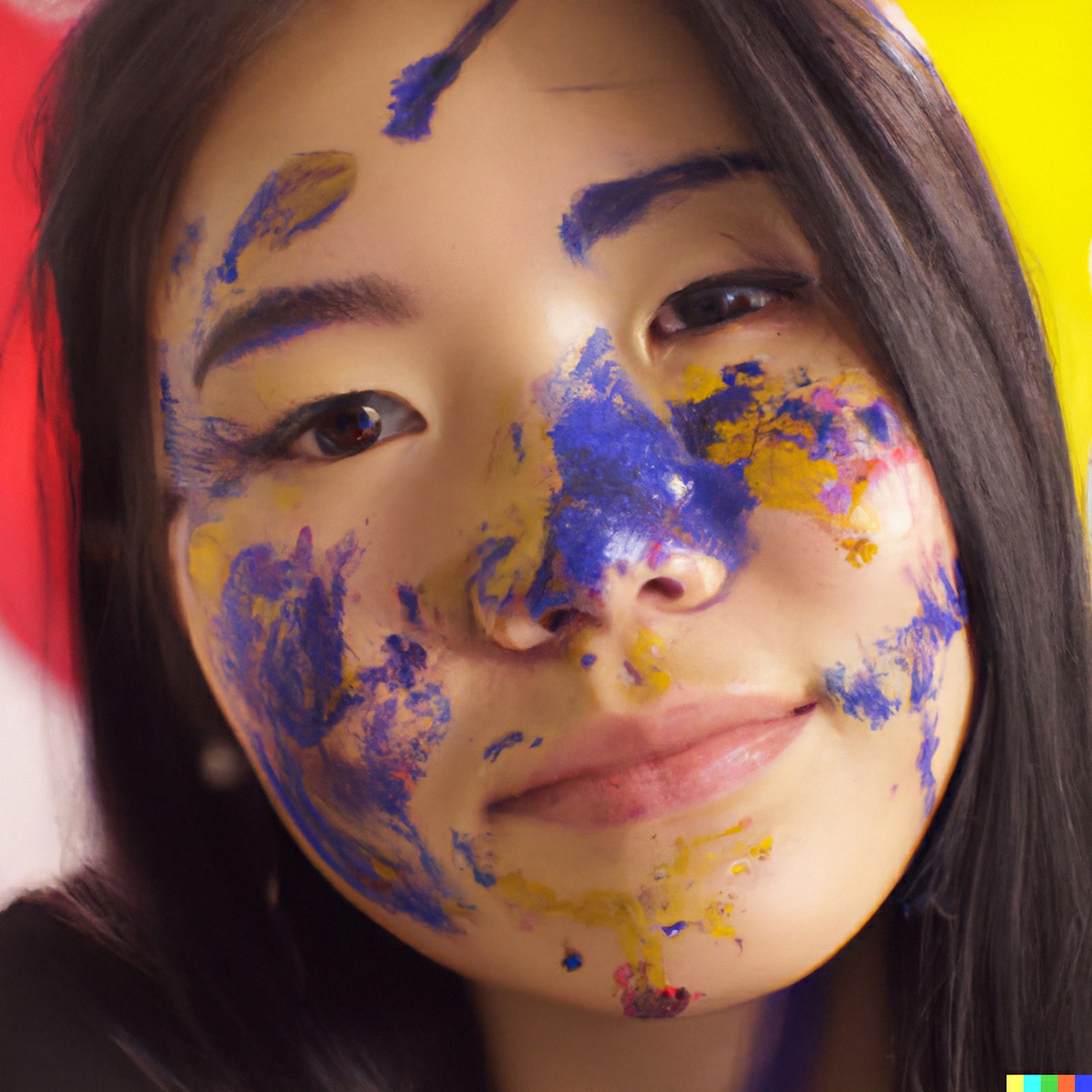Close-up of a woman's face splattered with blue, yellow, and purple paint.