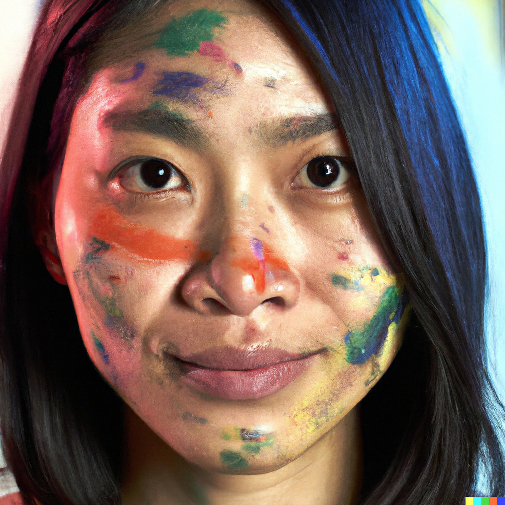 Close-up headshot of a woman with paint splattered across her face.