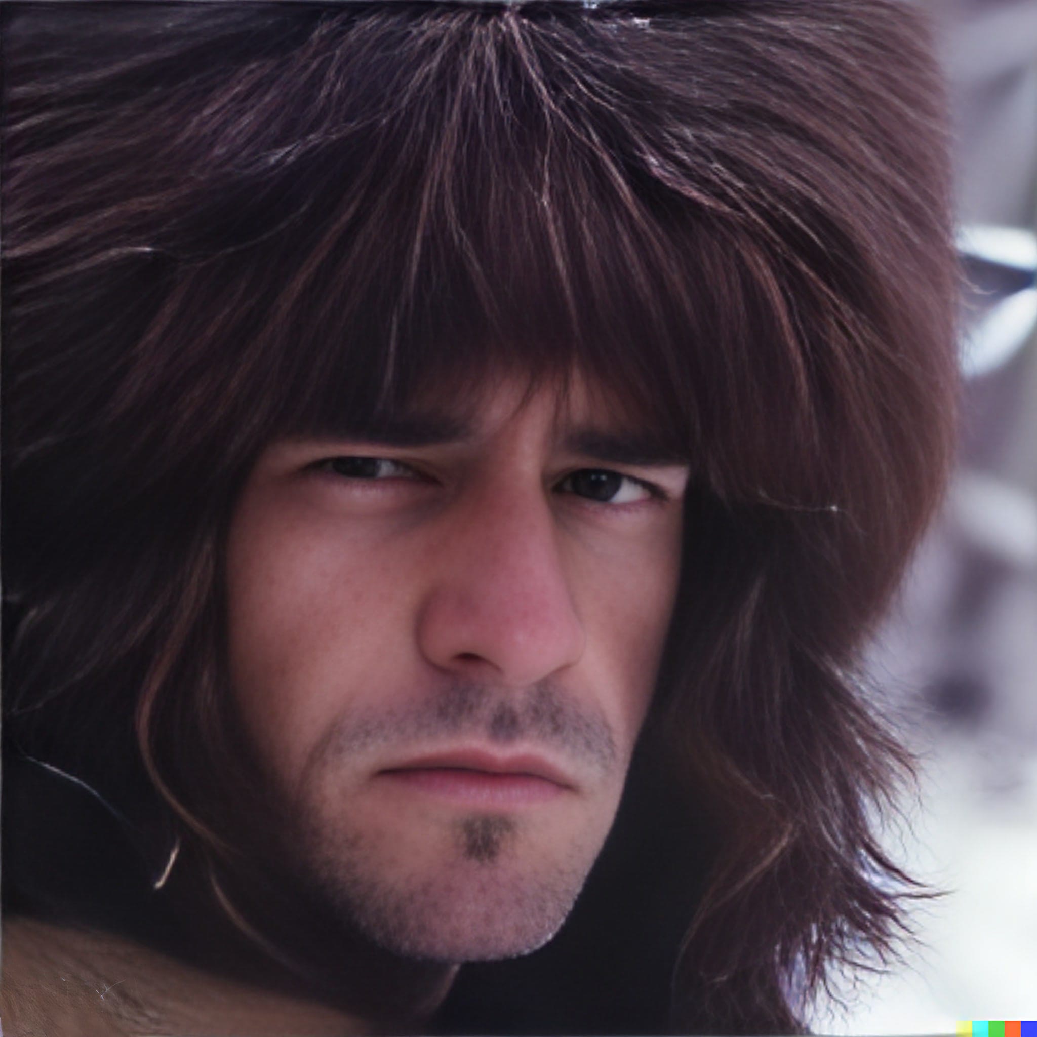 Close-up portrait of a man with long, dark hair, wearing a fur hat.