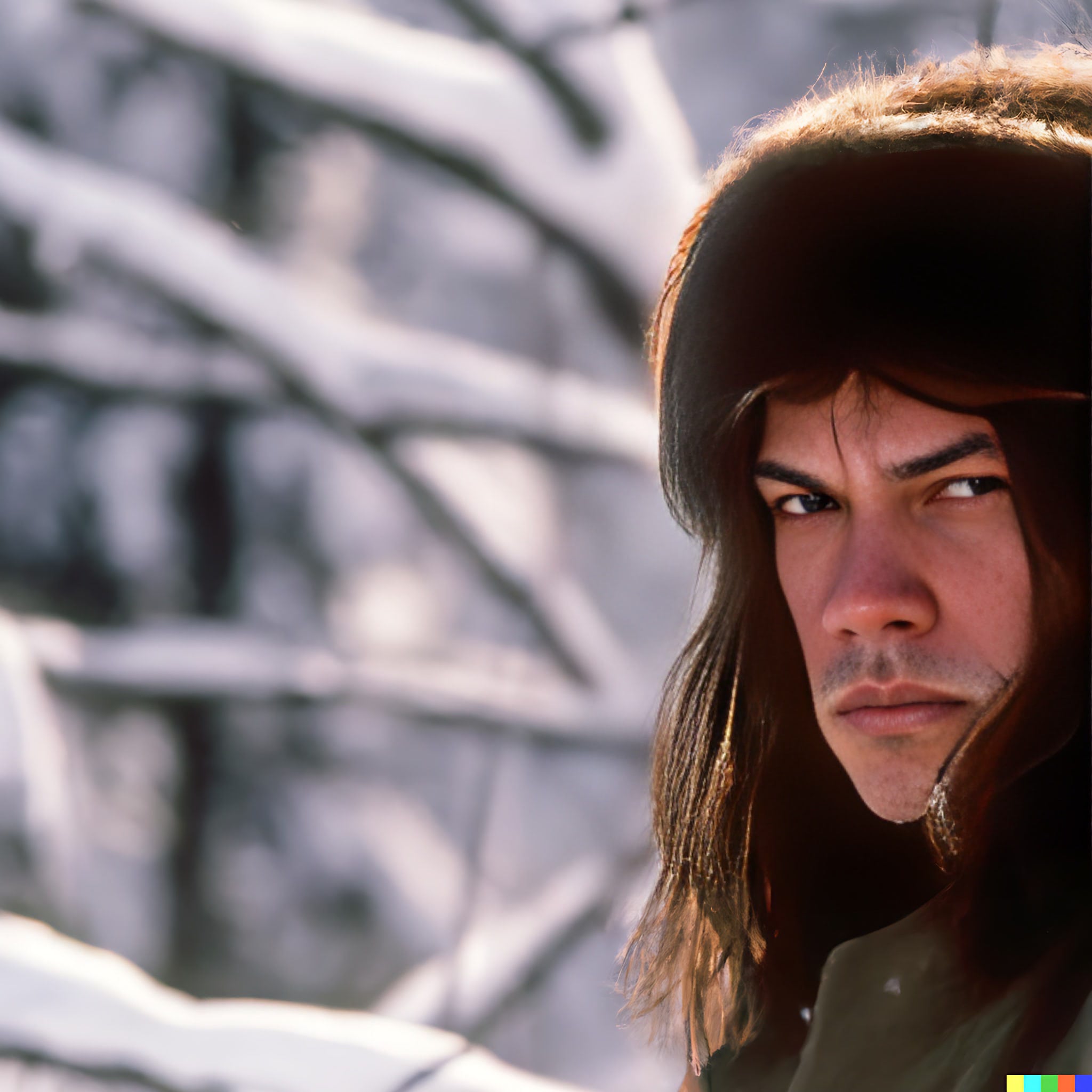 Close-up portrait of a young man with long hair, wearing a fur hat, in a snowy winter setting.