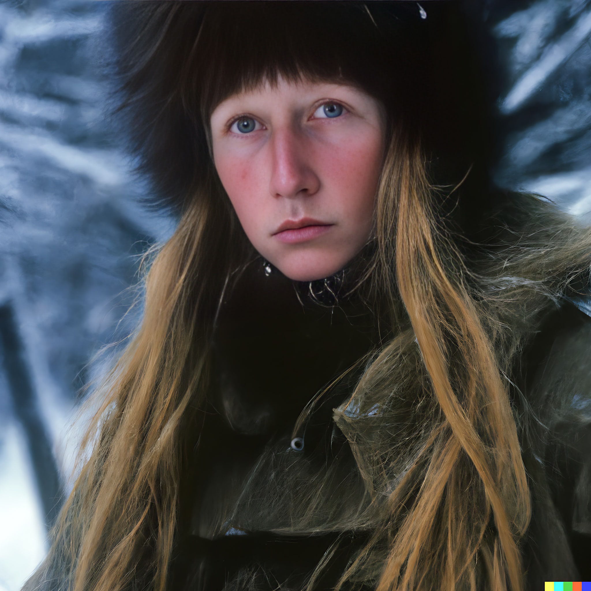 Close-up portrait of a young woman with long blonde hair, wearing a dark fur hat and a dark green coat.