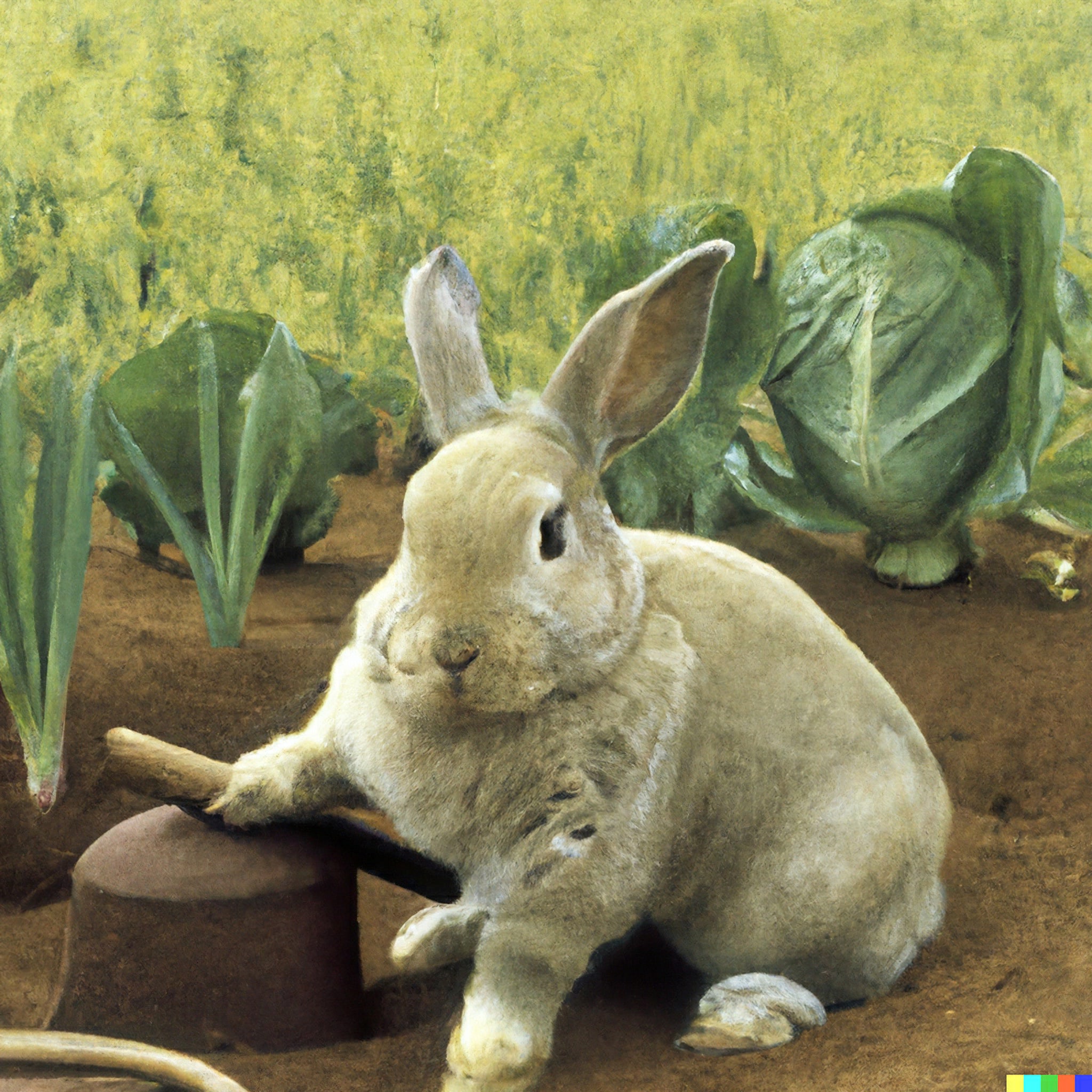 A light gray rabbit sits in a garden, resting a paw on a small brown object that looks like a gardening tool.