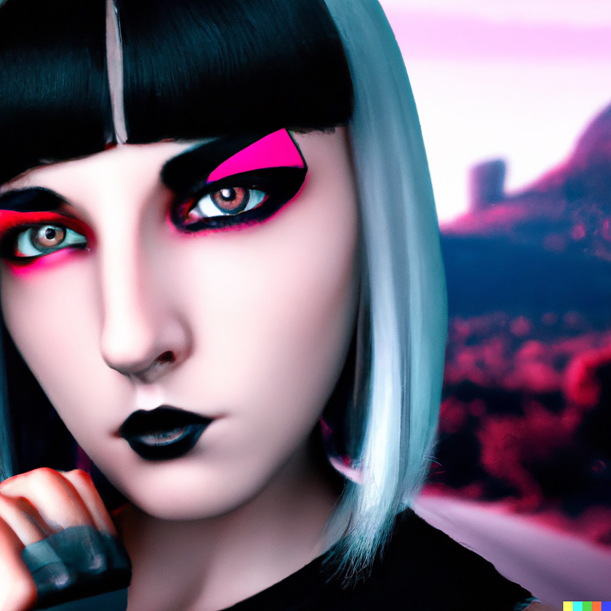 Close-up portrait of a cyberpunk-styled woman with pink and gray bob haircut, striking makeup, and intense gaze.