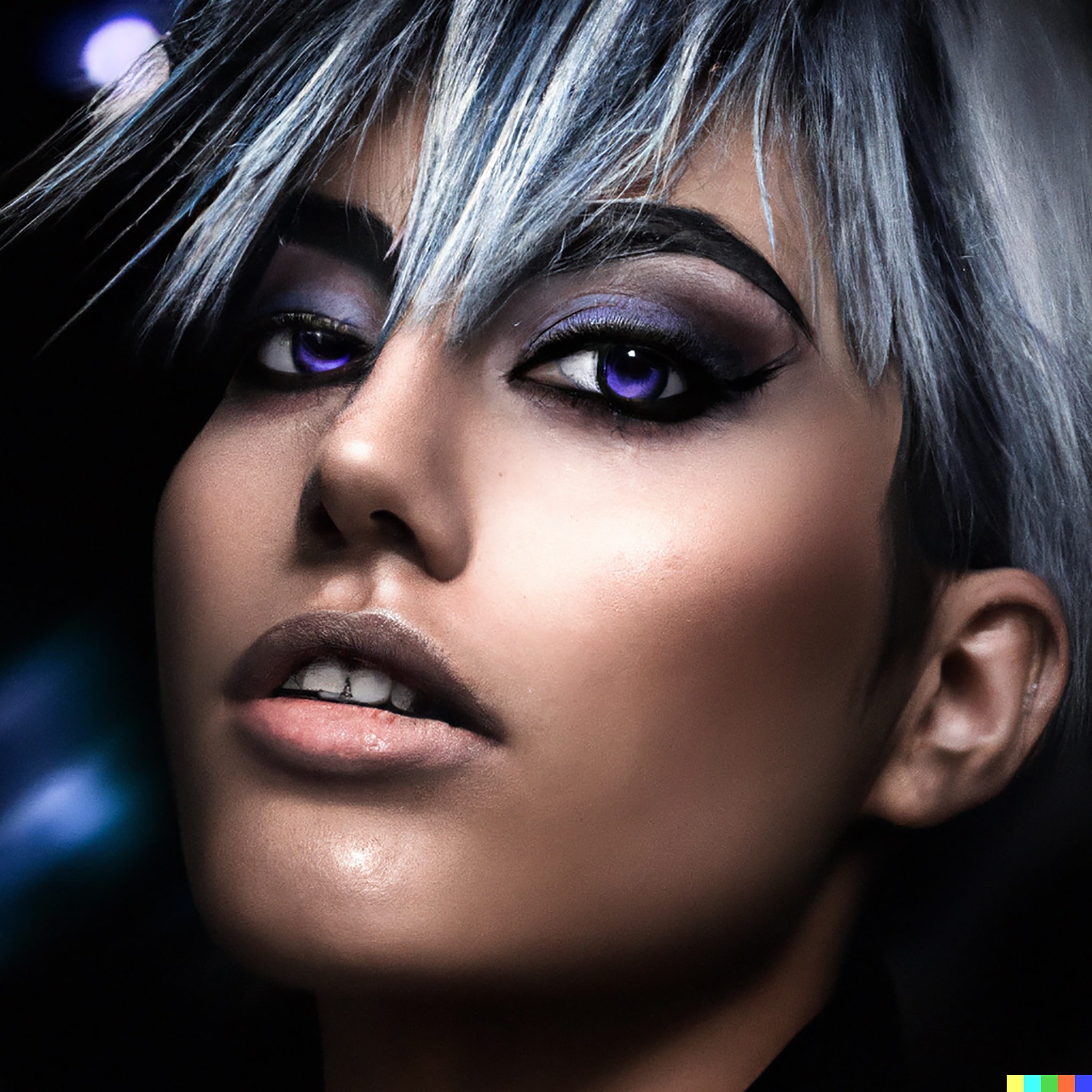 Close-up of a woman with grey, spiky hair and purple eye contacts.