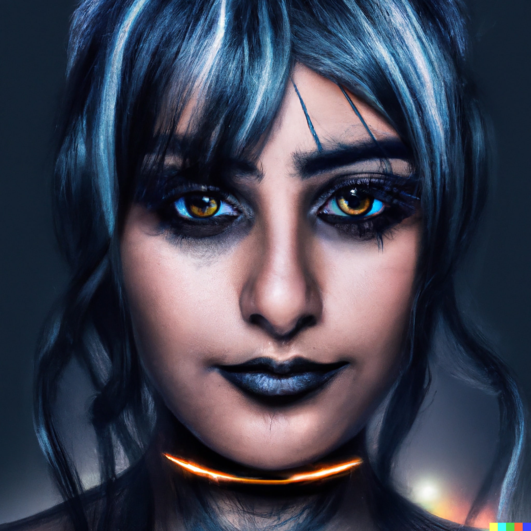 Close-up of a woman with blue hair and cyberpunk makeup.