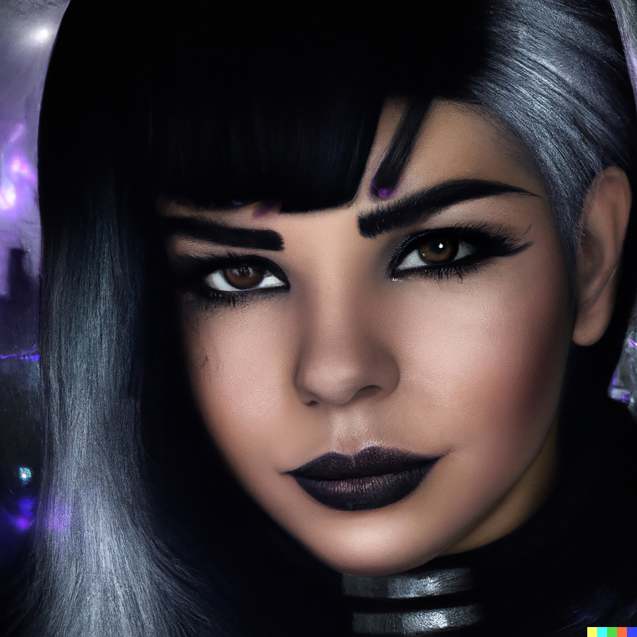 Close-up of a woman with dark hair, dark makeup, and a cyberpunk-inspired aesthetic.
