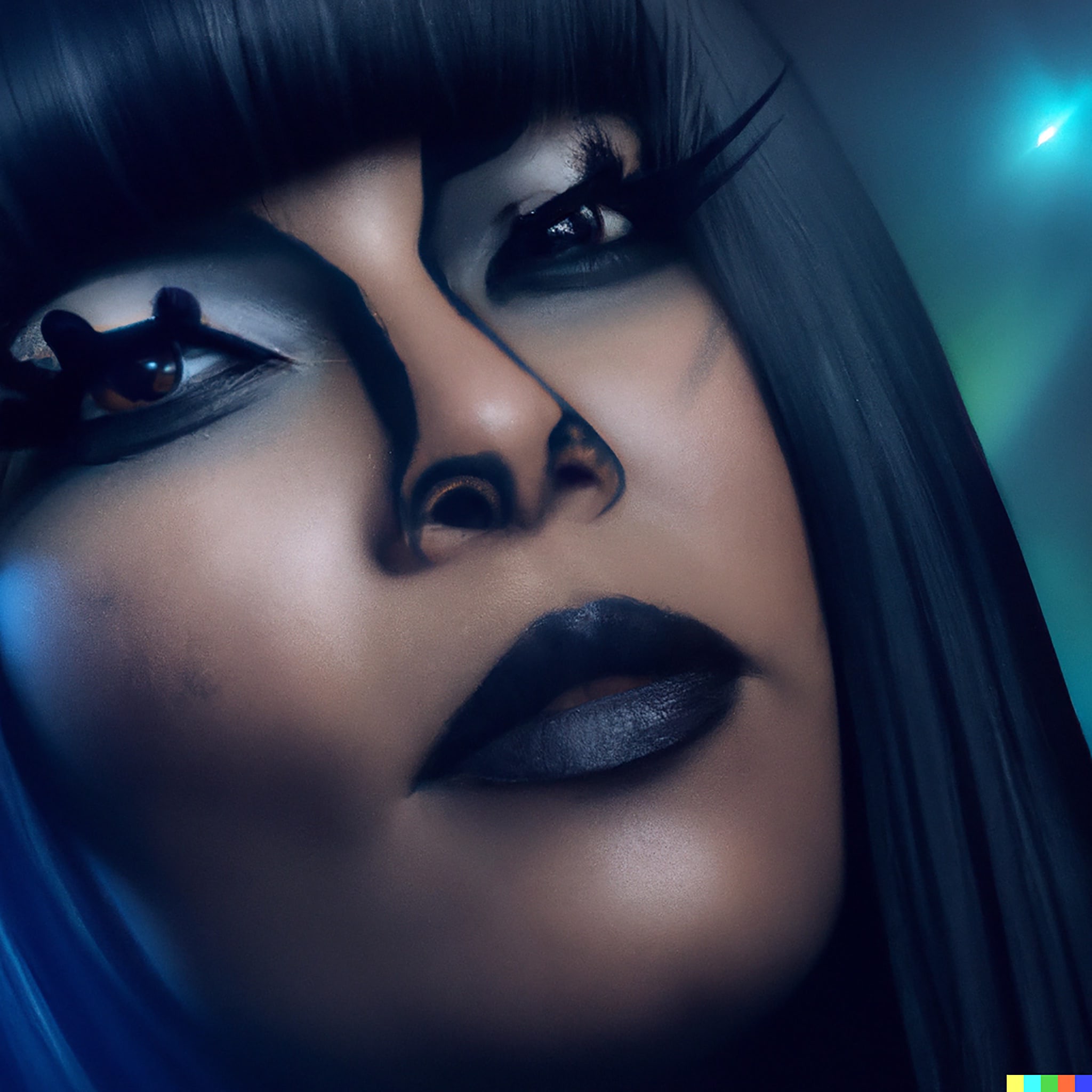 Close-up of a woman's face with dark, dramatic makeup and long black hair.