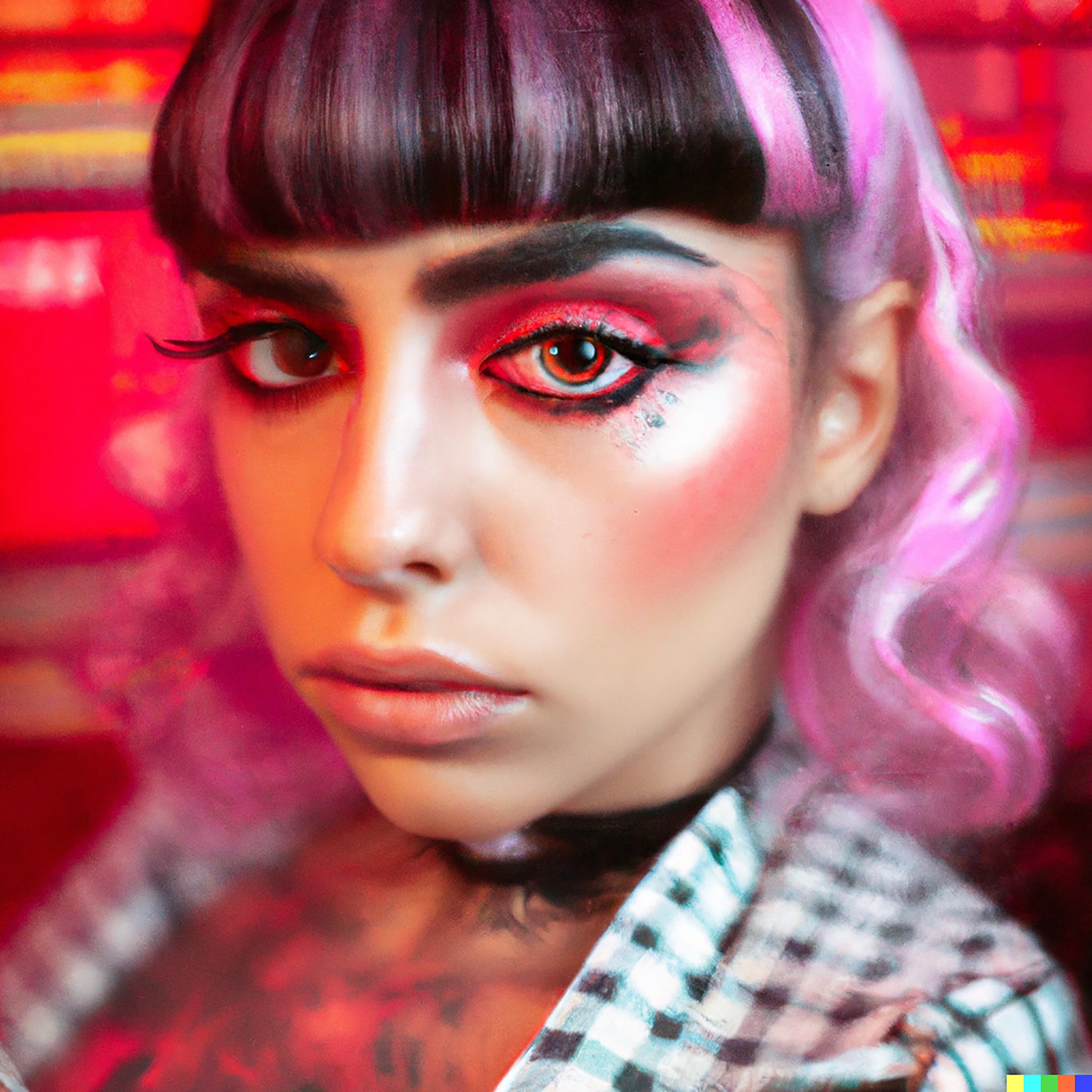 Close-up portrait of a woman with pink hair and vibrant cyberpunk makeup.