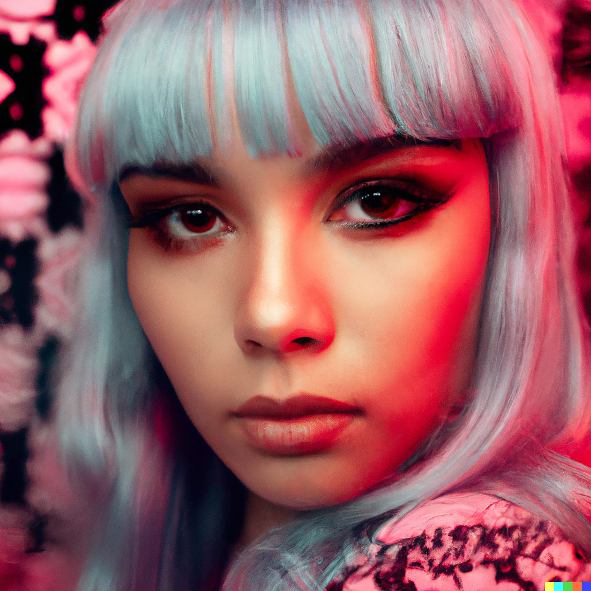 Close-up portrait of a woman with light blue hair, red-lit face, and dark eyes.