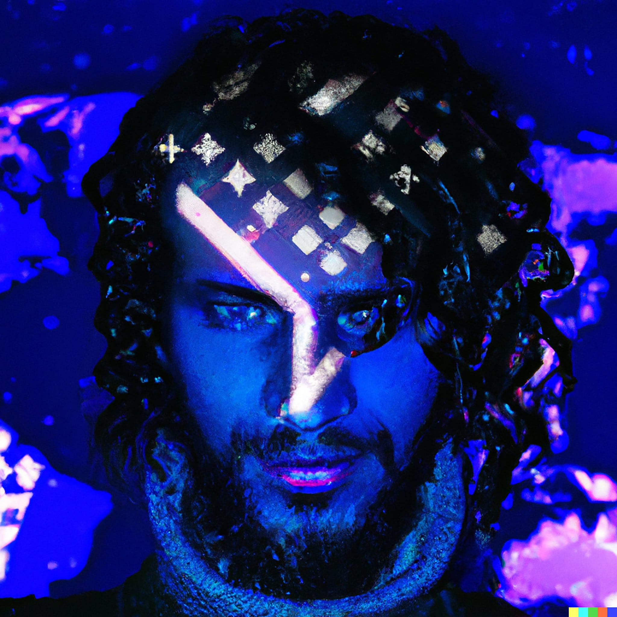 Close-up of a man's face with blue and white face paint, intense eyes, and wild, dark hair.