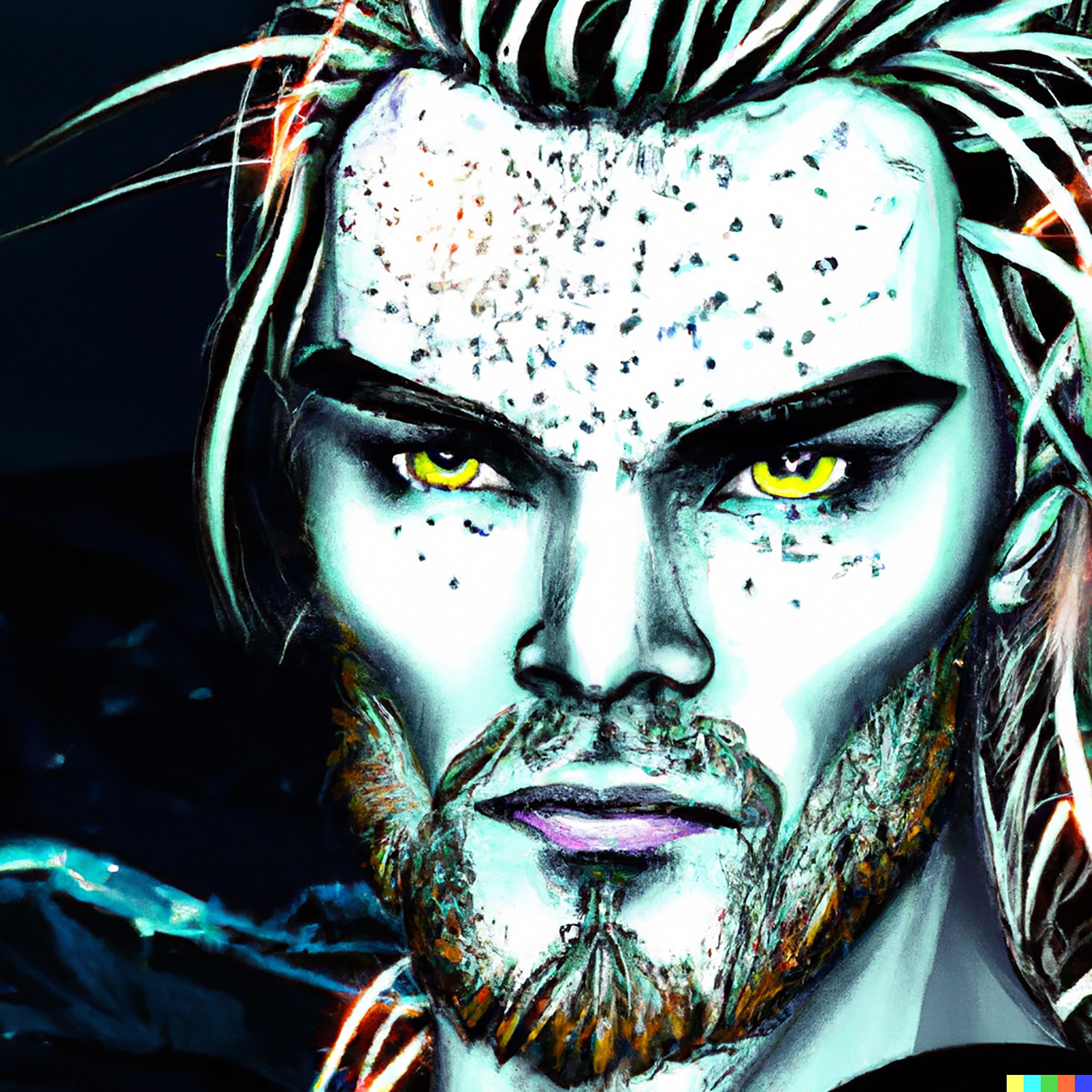 Close-up of a cyberpunk-style man with bright yellow eyes and textured, light-colored skin and hair.