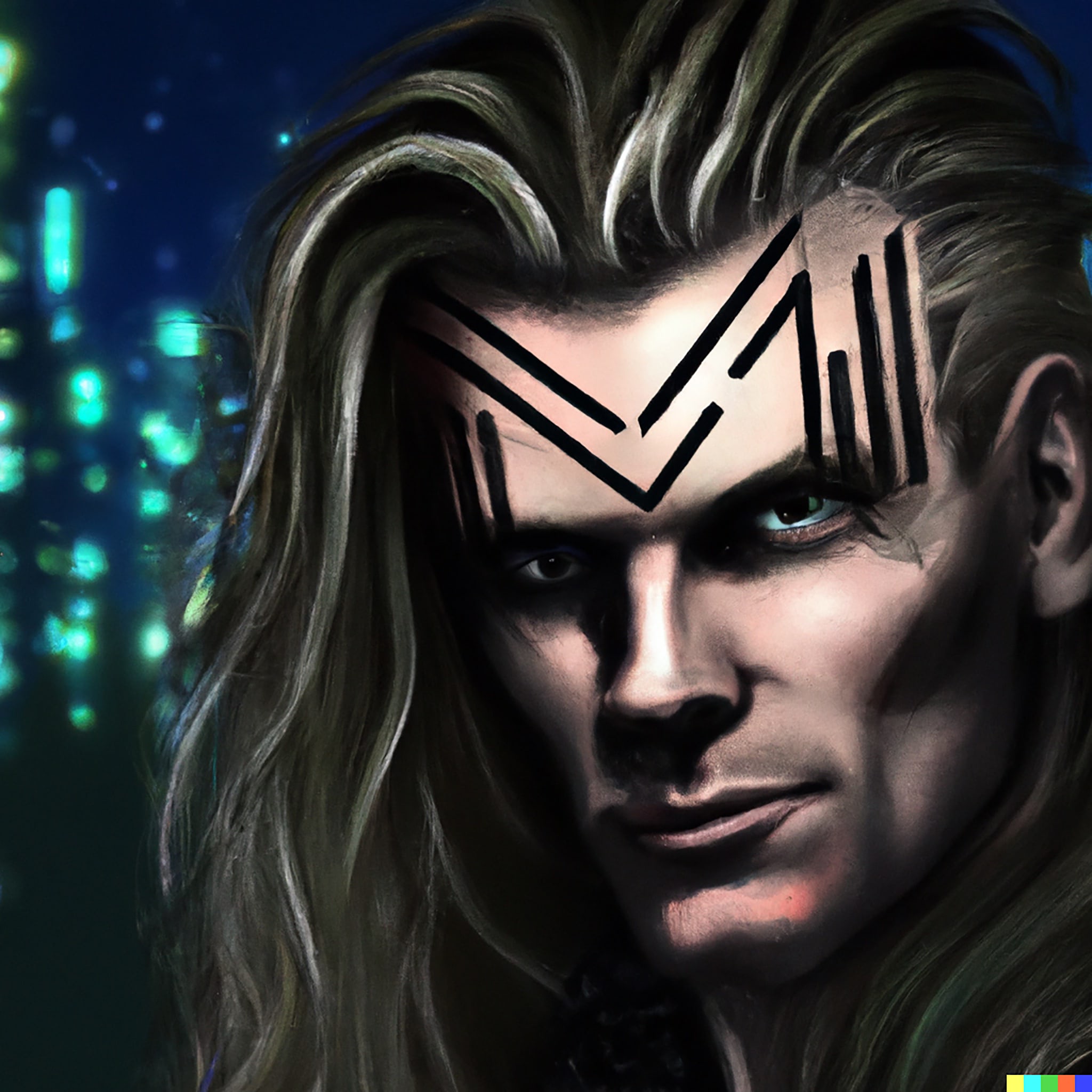 Close-up portrait of a cyberpunk-styled man with long, wild hair and black markings on his forehead, set against a blurred city lights background.