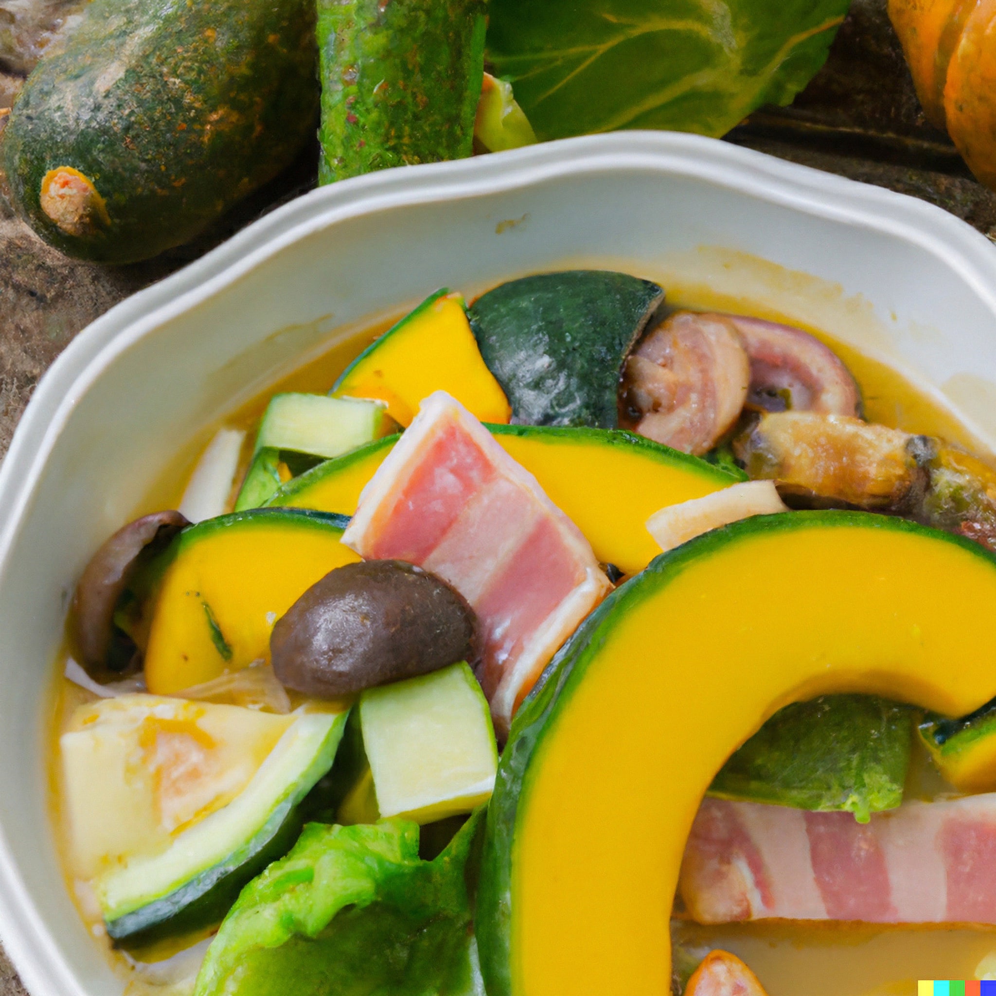 Close-up of a bowl of pumpkin and bacon stew.
