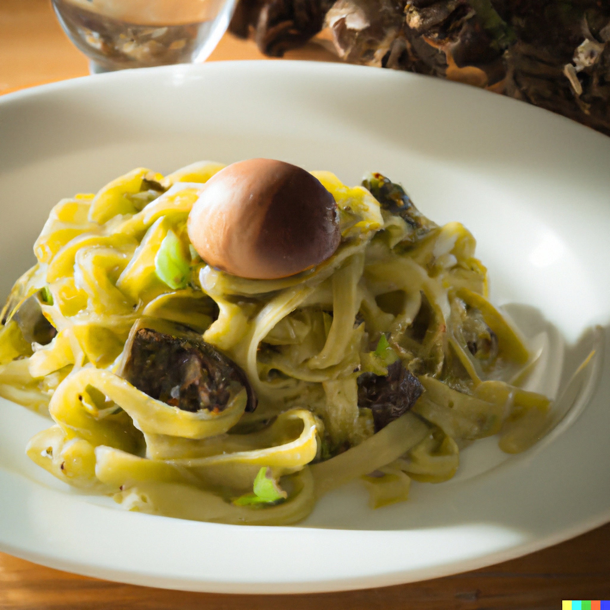 Pasta dish with a soft boiled egg on top.