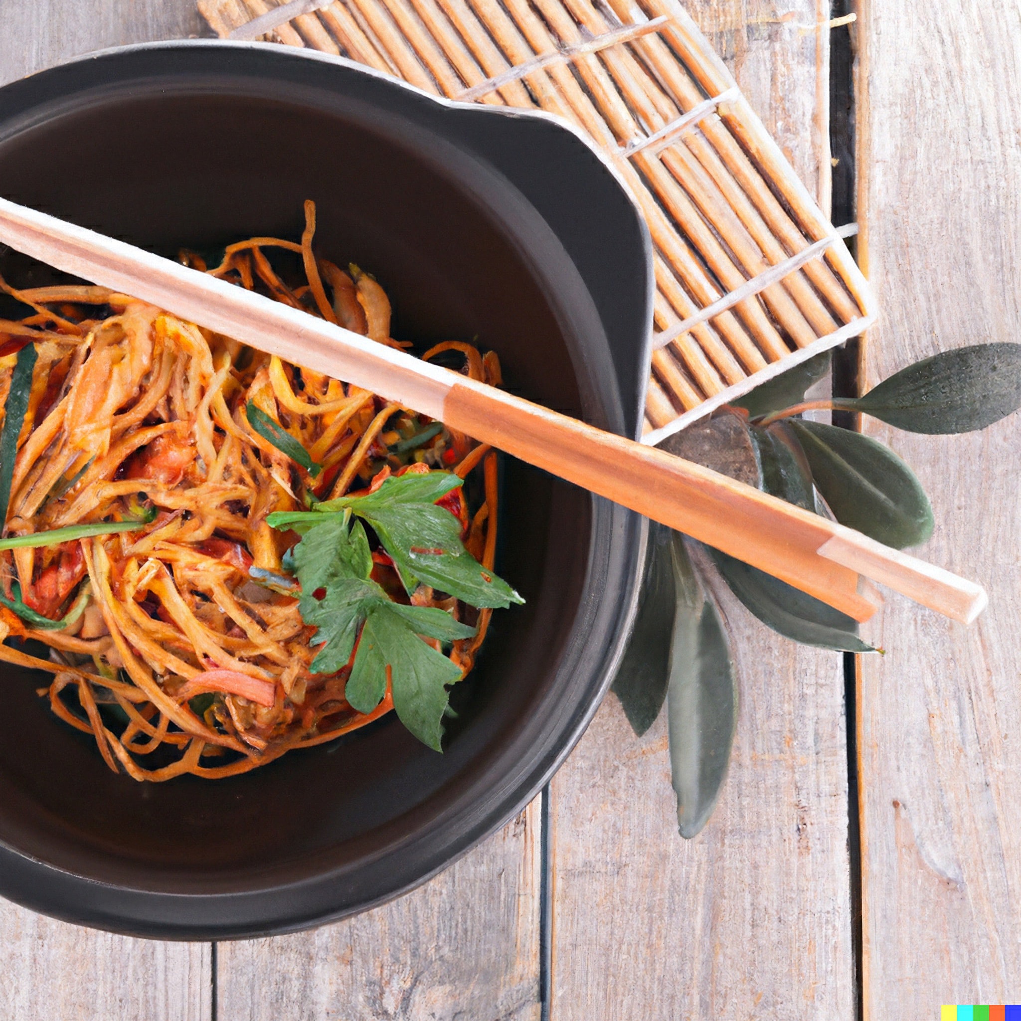 Vegetable stir-fry in a dark bowl with chopsticks.