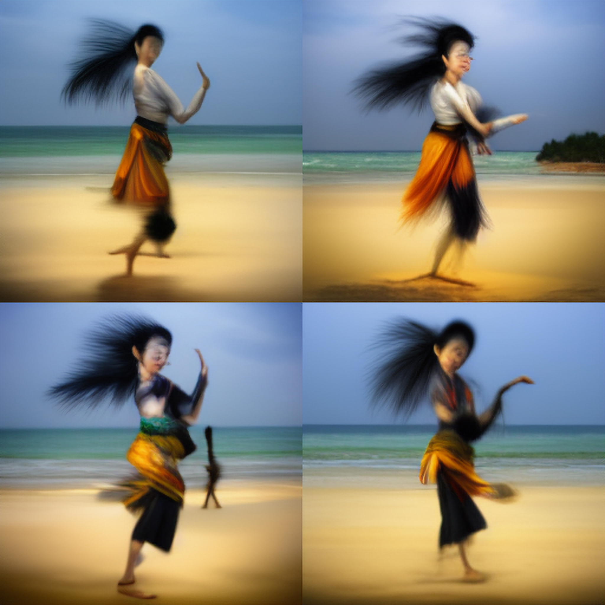 Four motion-blurred images of a Japanese woman dancing on a beach.