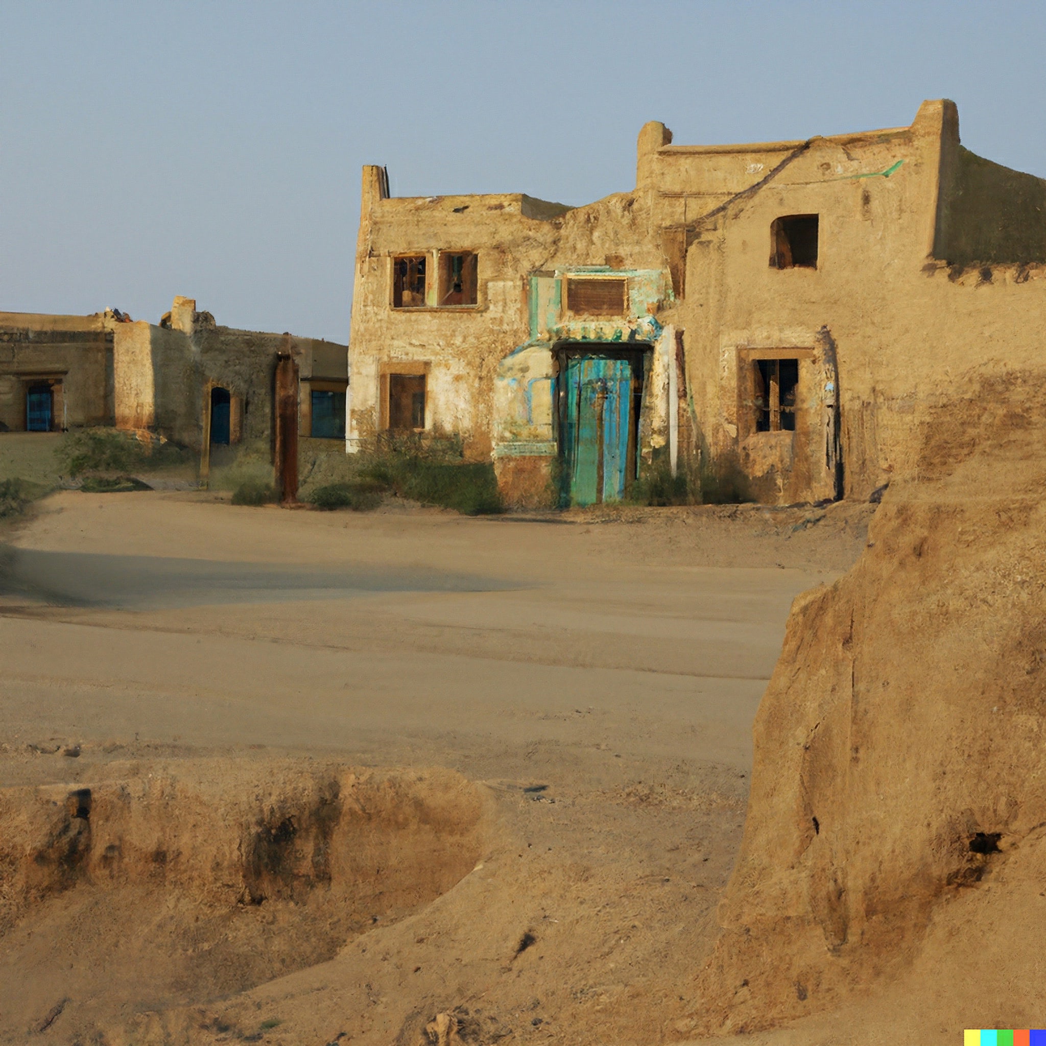Ruined buildings in a Kazakhstani desert village.