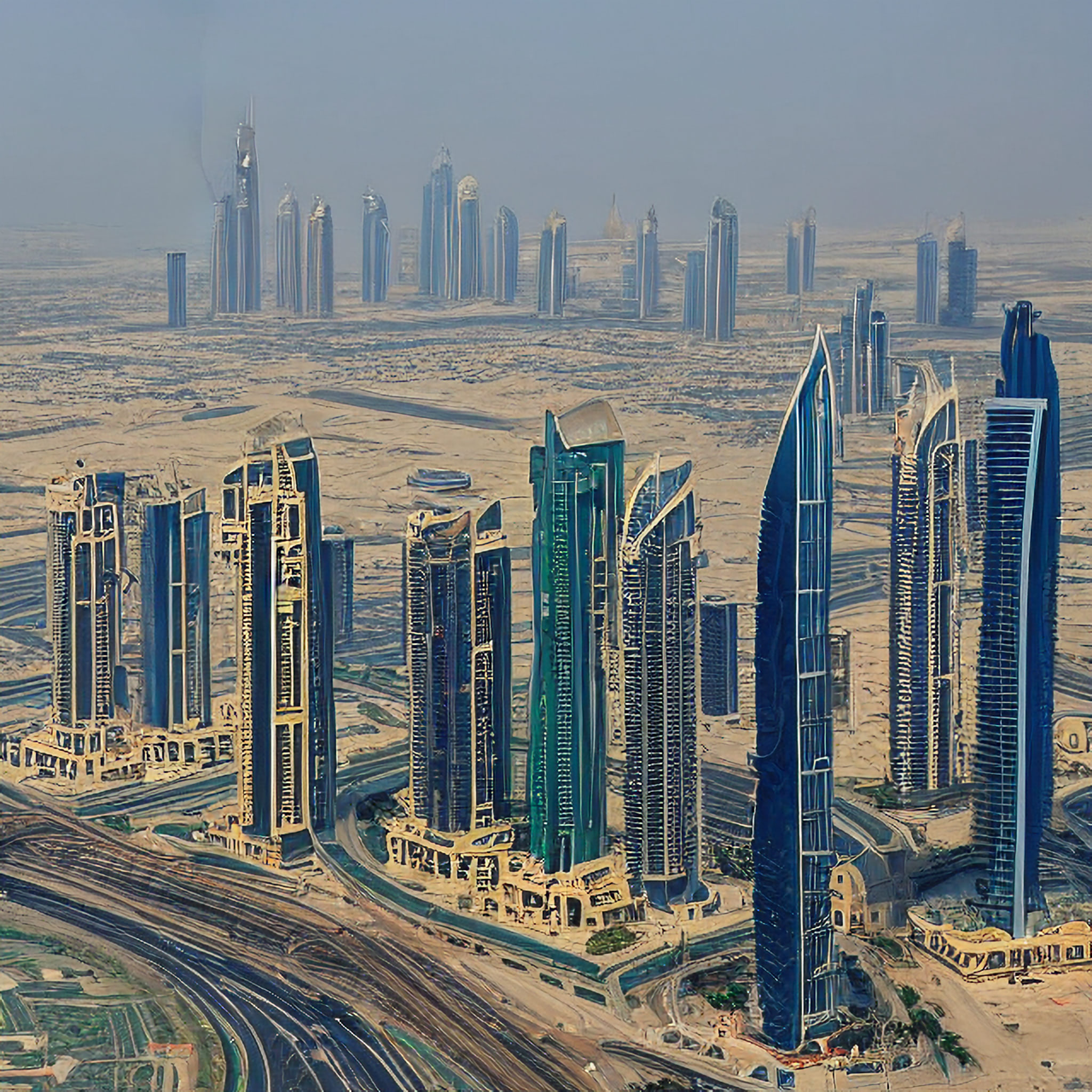 Aerial view of numerous skyscrapers under construction in a desert landscape.