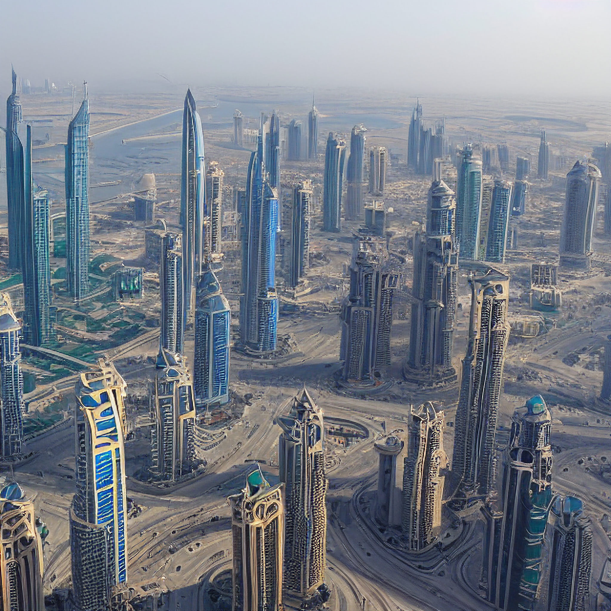 Aerial view of numerous skyscrapers under construction in Dubai.