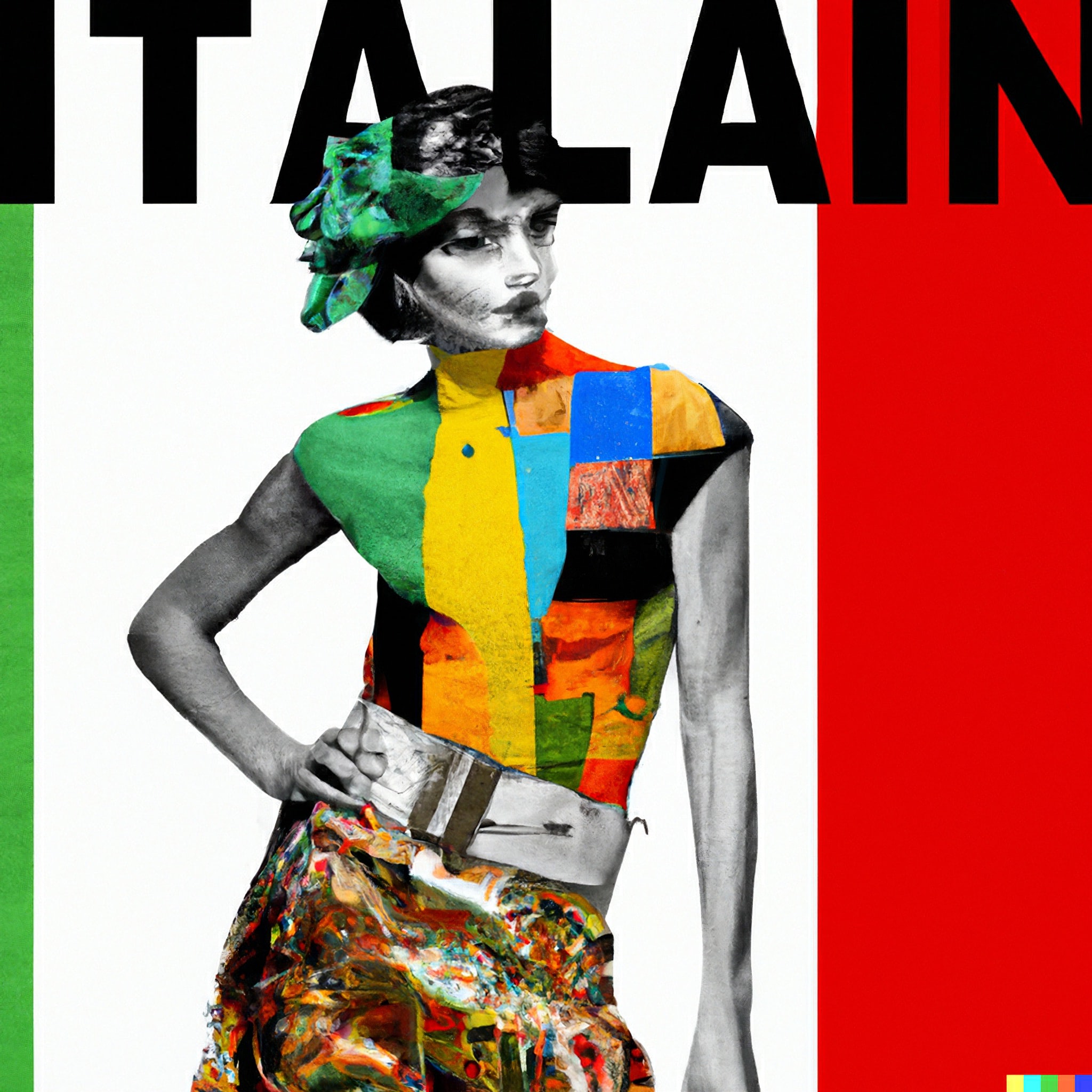 Collage artwork of a fashion model with a colorful, abstract torso against an Italian flag background.