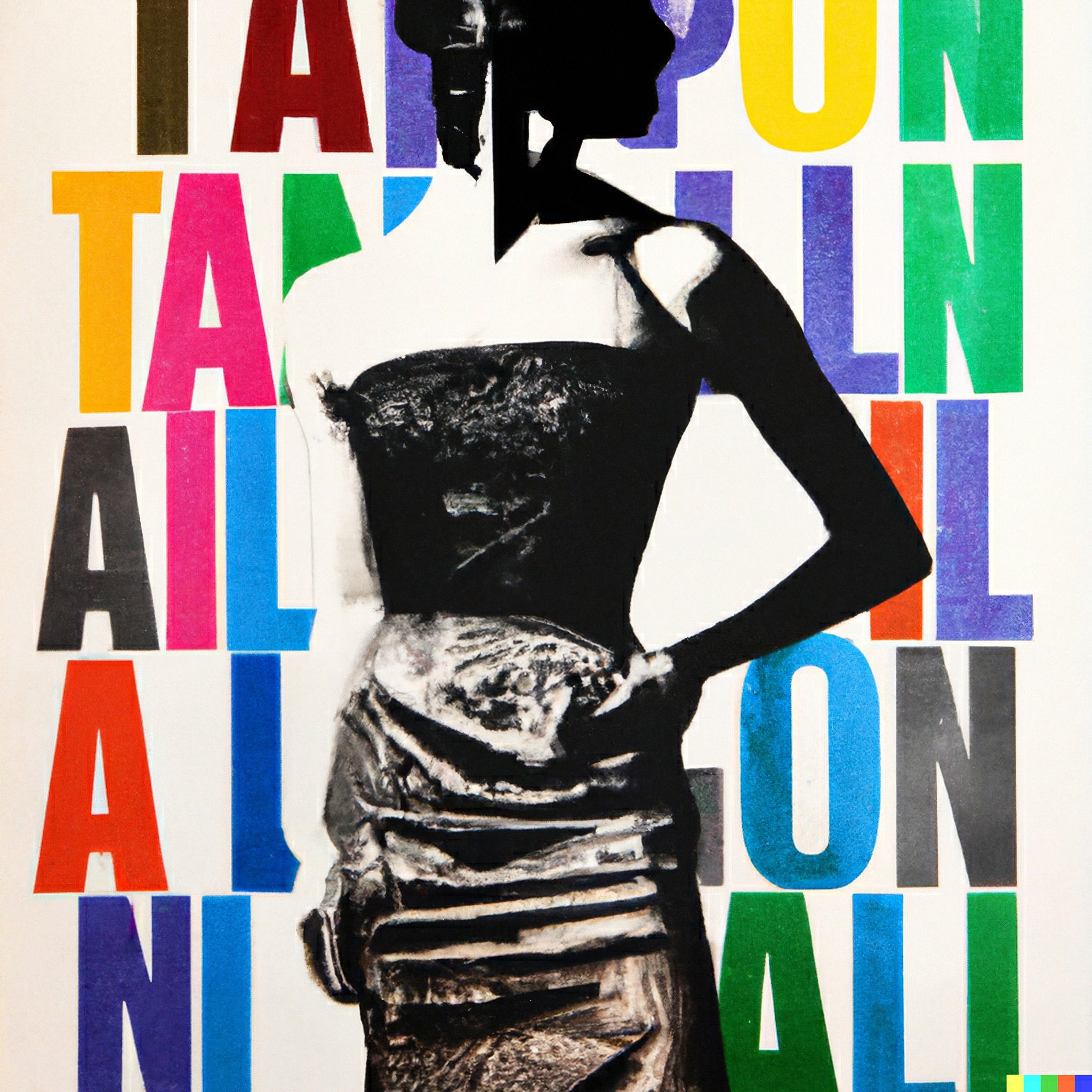 Silhouette of a woman in a dress overlaid with colorful letters.
