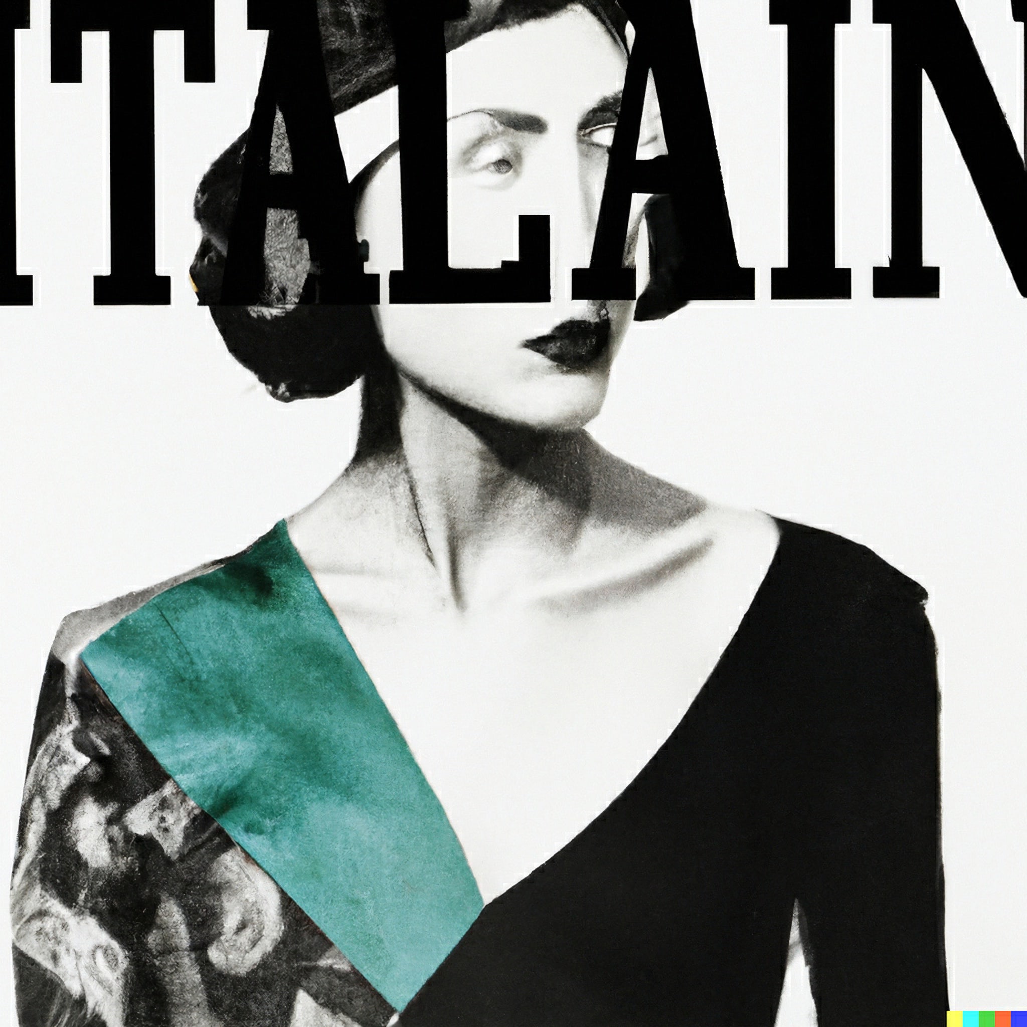 Collage of Mimmo Rotella, featuring a woman's face partially obscured by the word 'ITALAIN'.