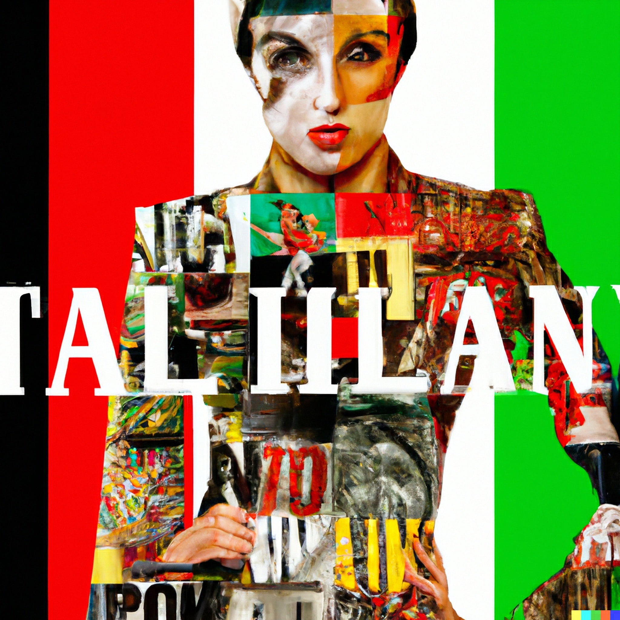 Collage artwork of a woman's face and body, incorporating Italian flag colors and the word 'ITALIAN.'
