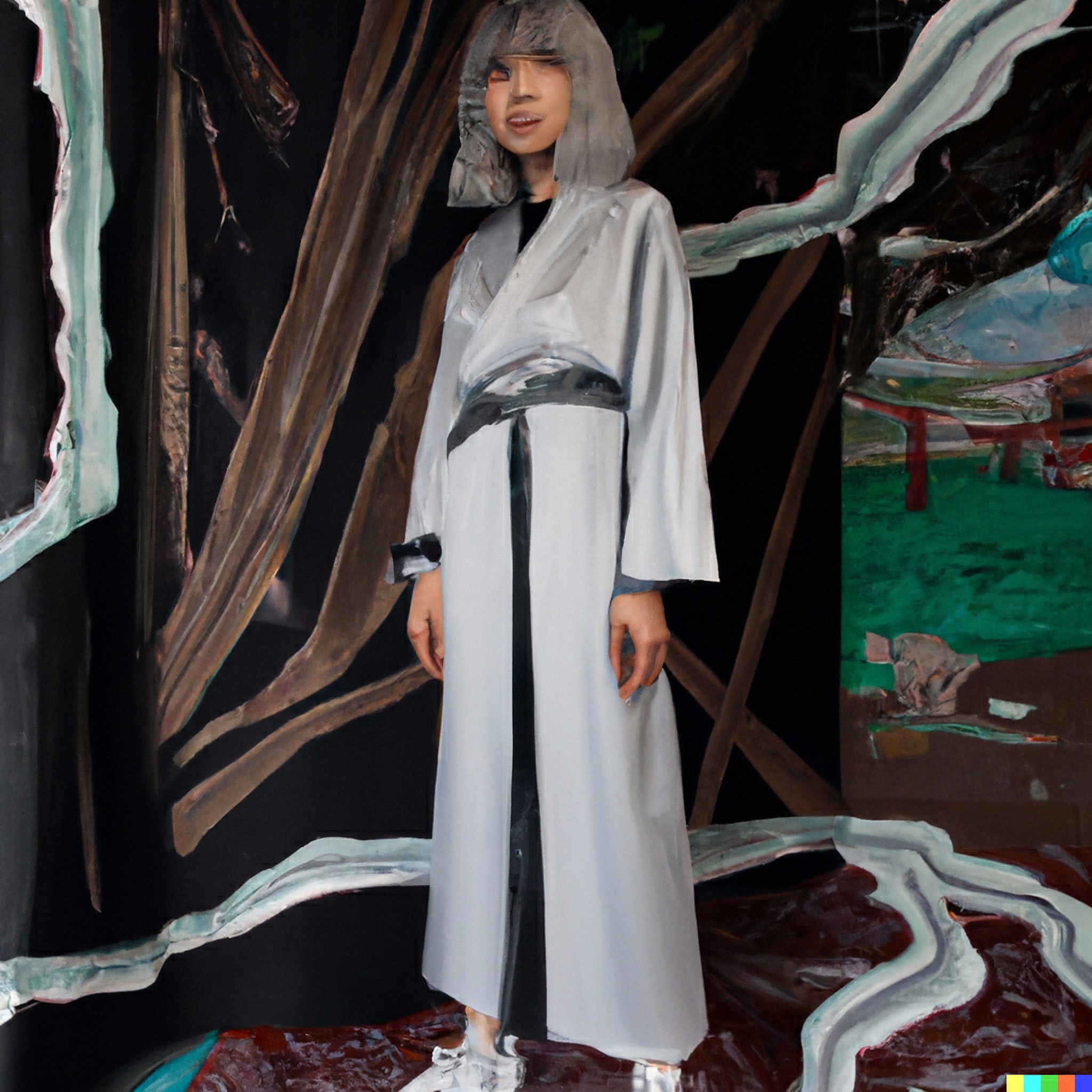 Fashion model in futuristic kimono, painting-style background.