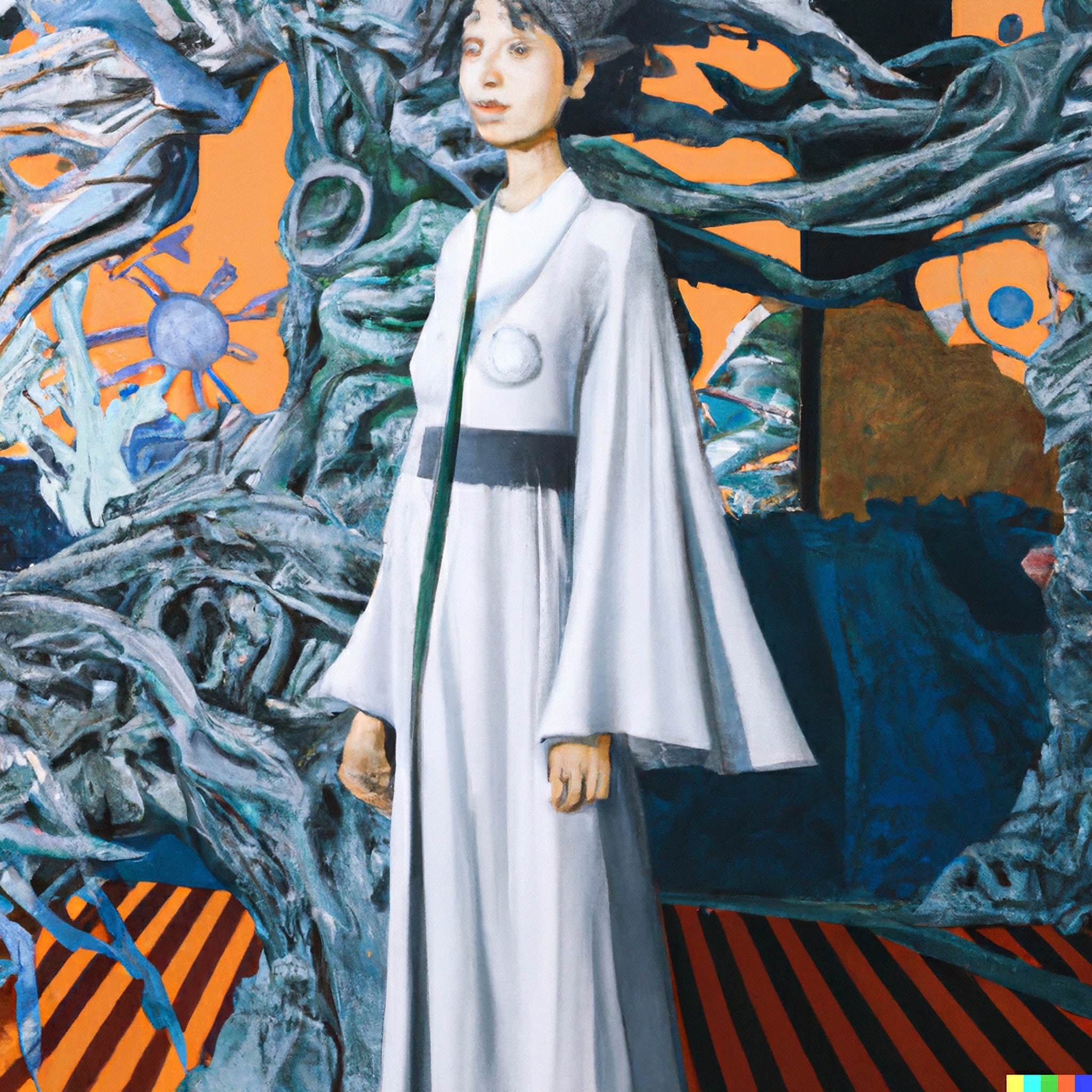 Painting of a woman in a futuristic kimono standing amidst abstract, swirling forms.