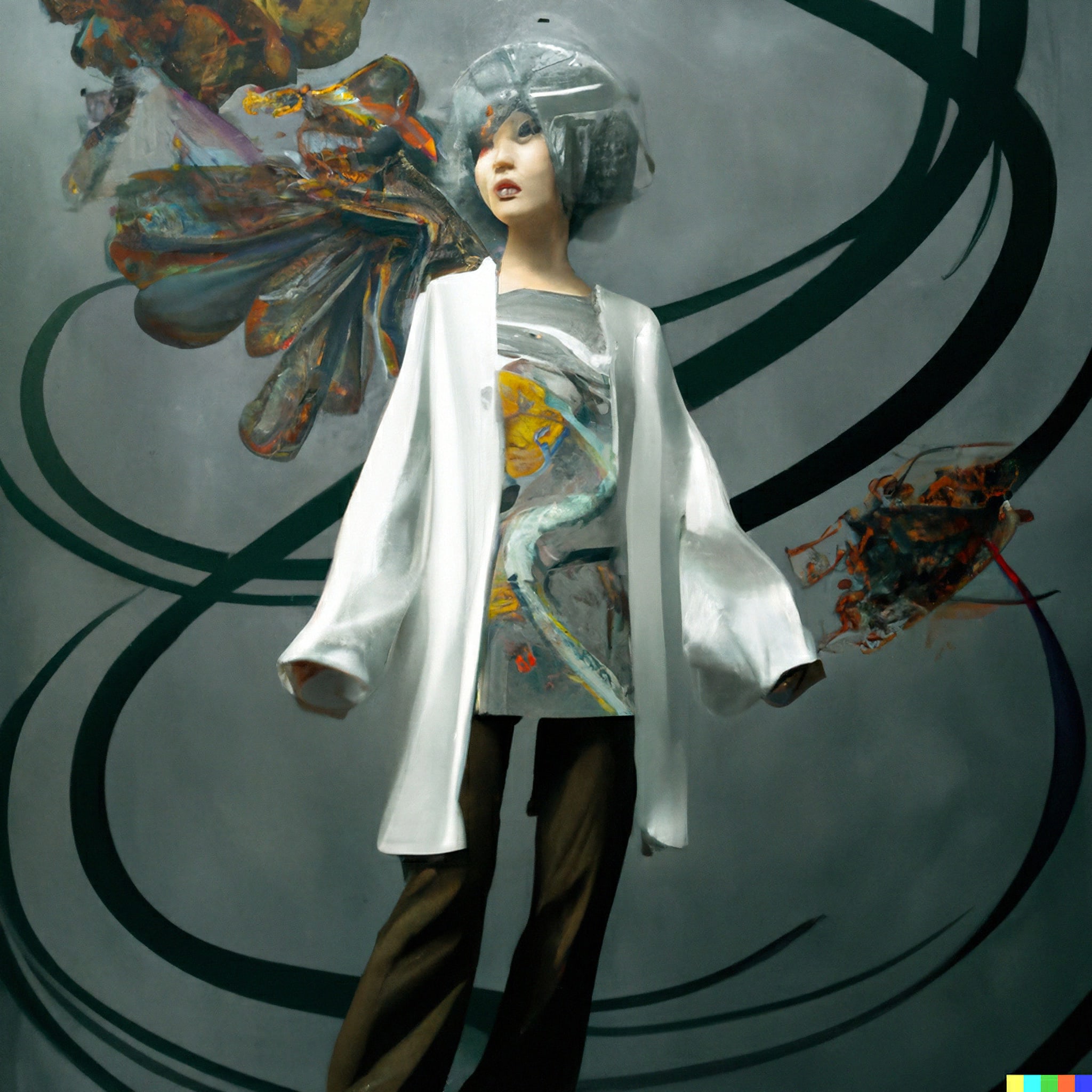 Fashion model in futuristic kimono against an abstract background.