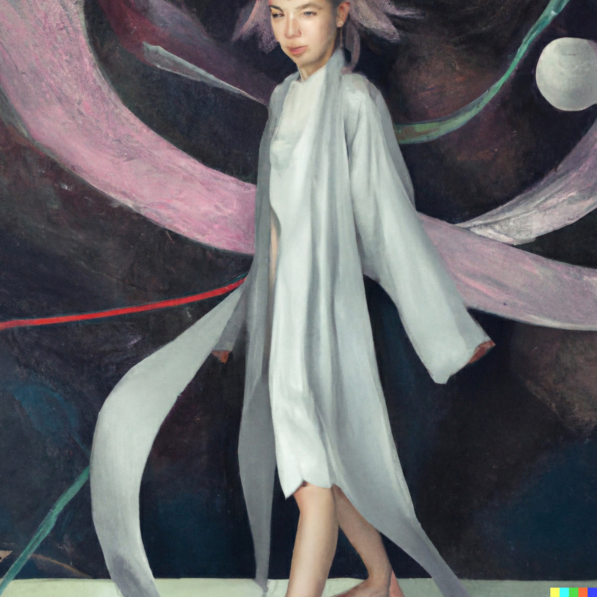 Painting of a woman in a flowing light gray kimono against an abstract background.