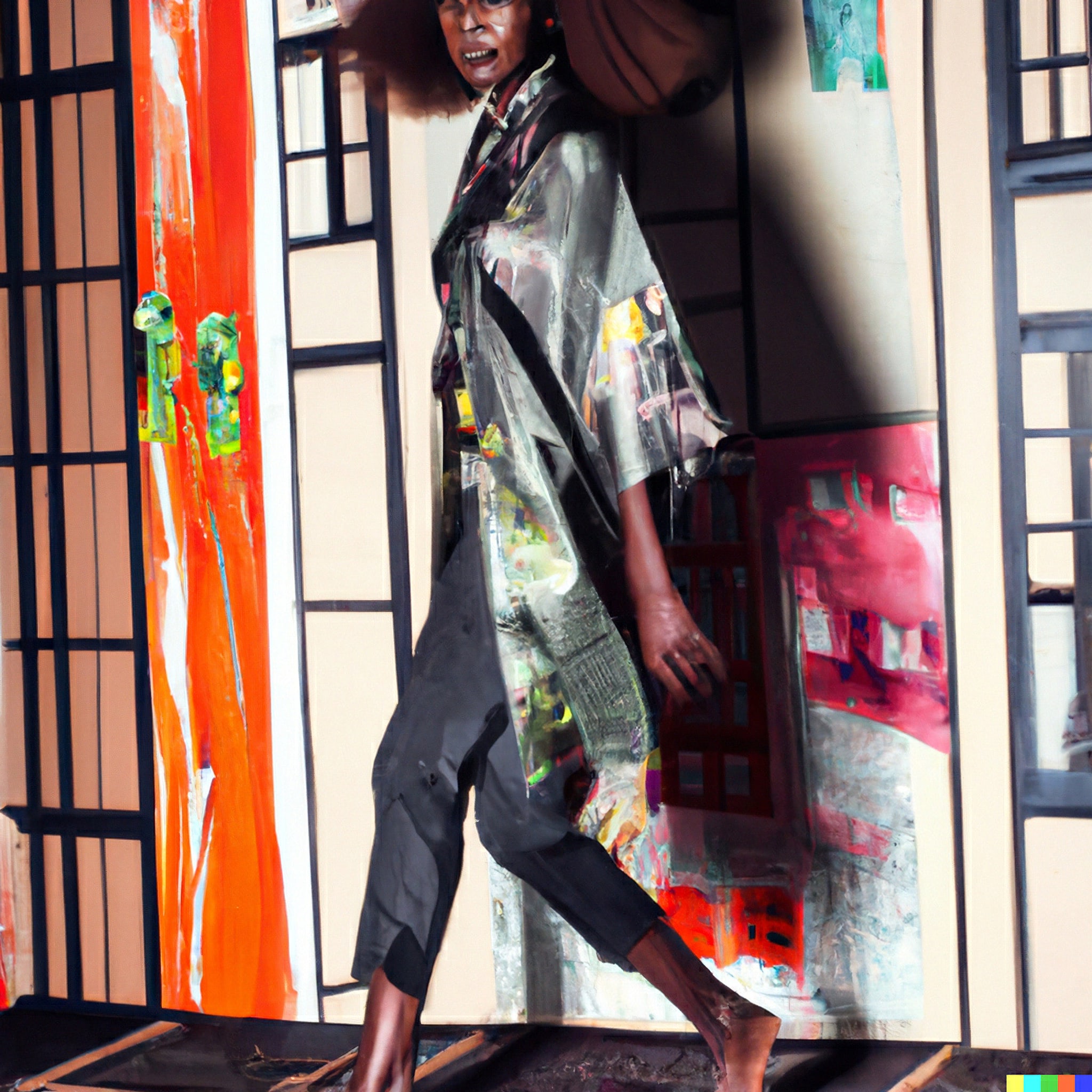 Fashion model walking in abstract kimono against a Neo-Tokyo backdrop.