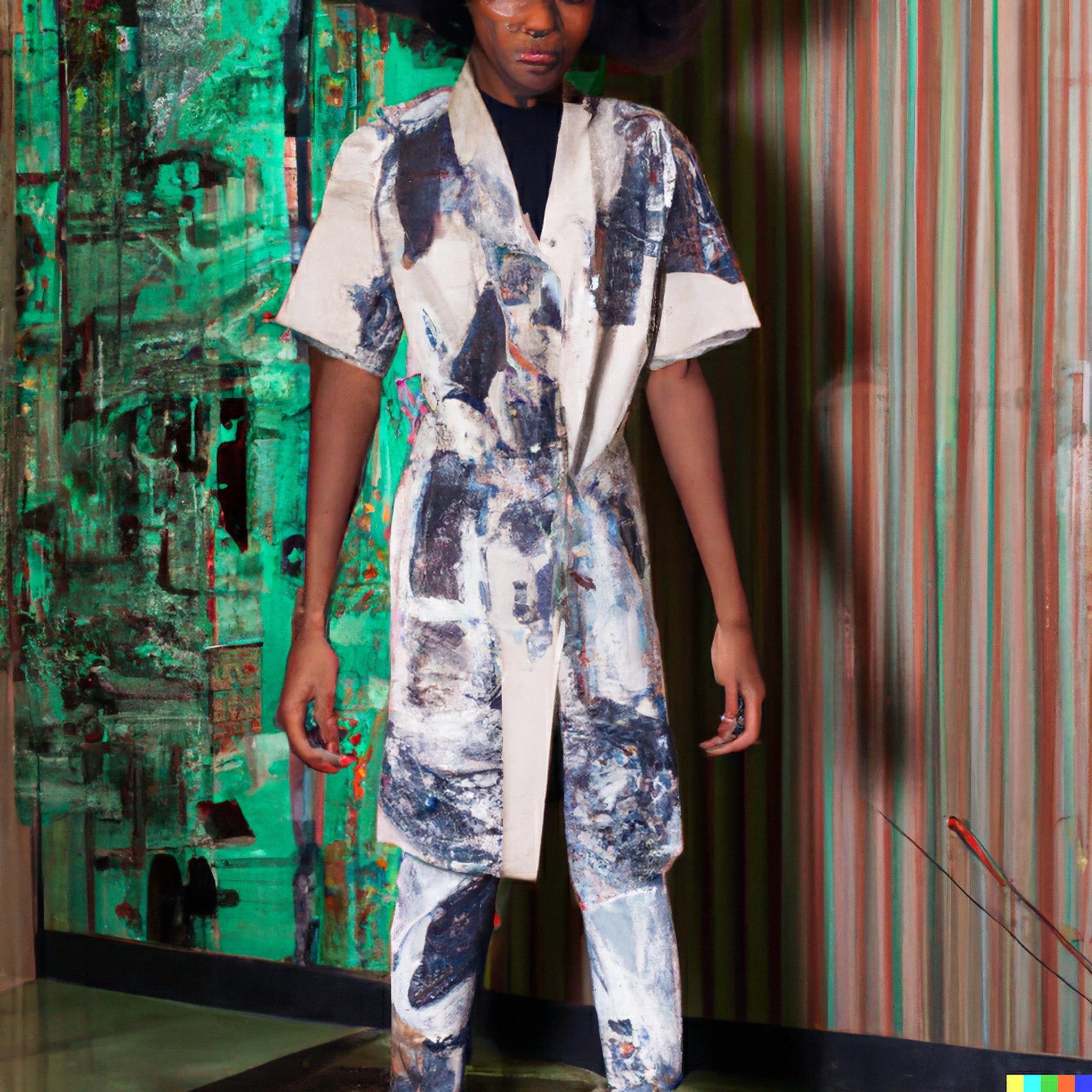 Fashion model in paint-splattered kimono against a vibrant, multicolored background.