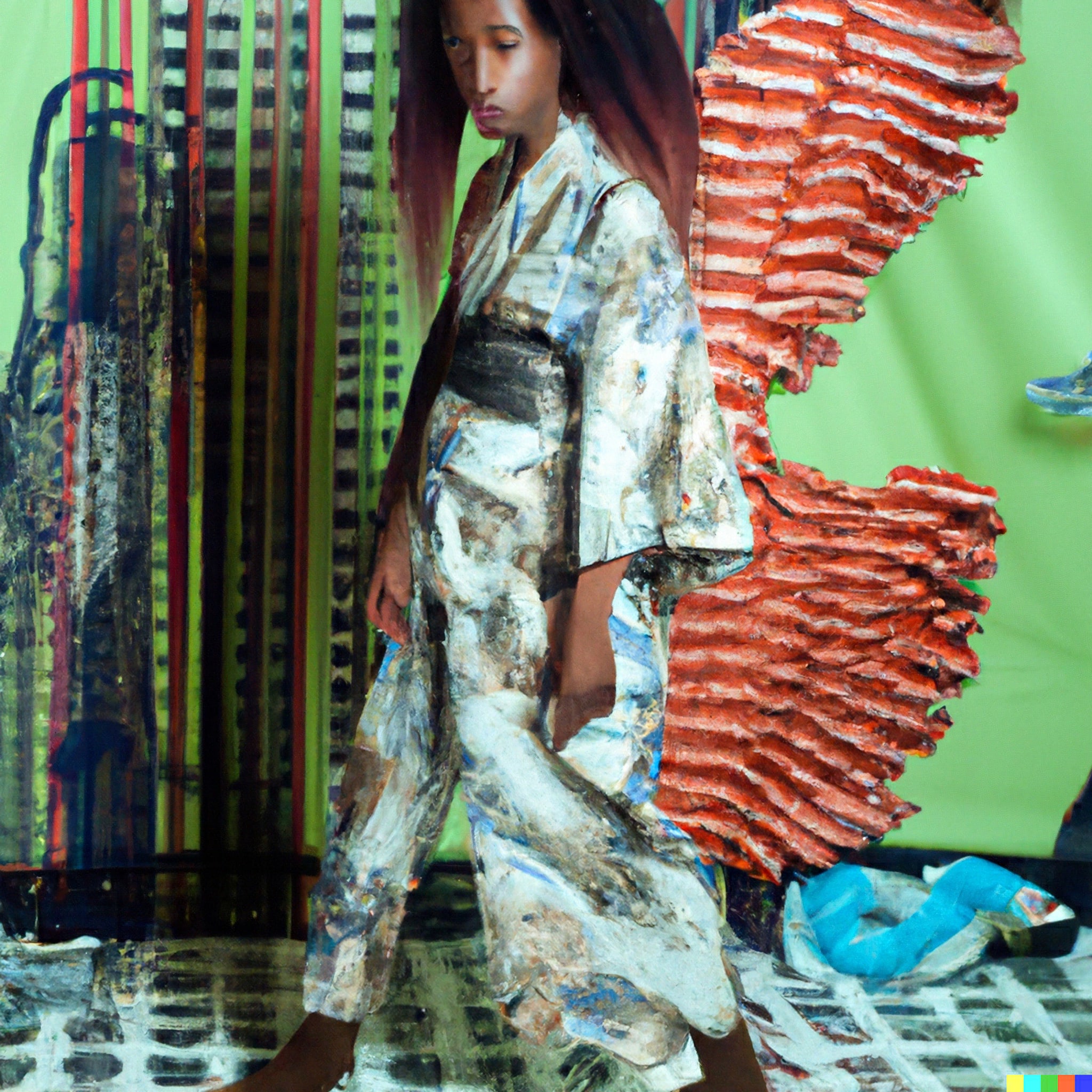 Fashion model in a textured kimono, set against an abstract background.