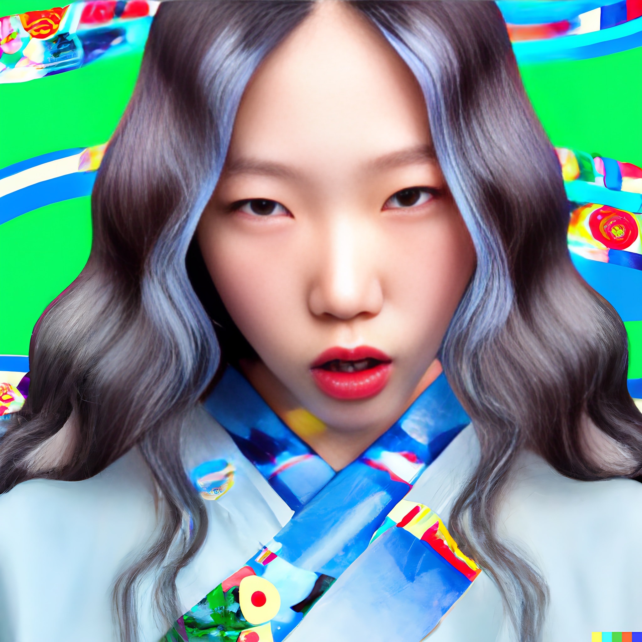 Close-up portrait of a young woman with long, wavy brown and light blue hair, wearing a stylized Korean hanbok.