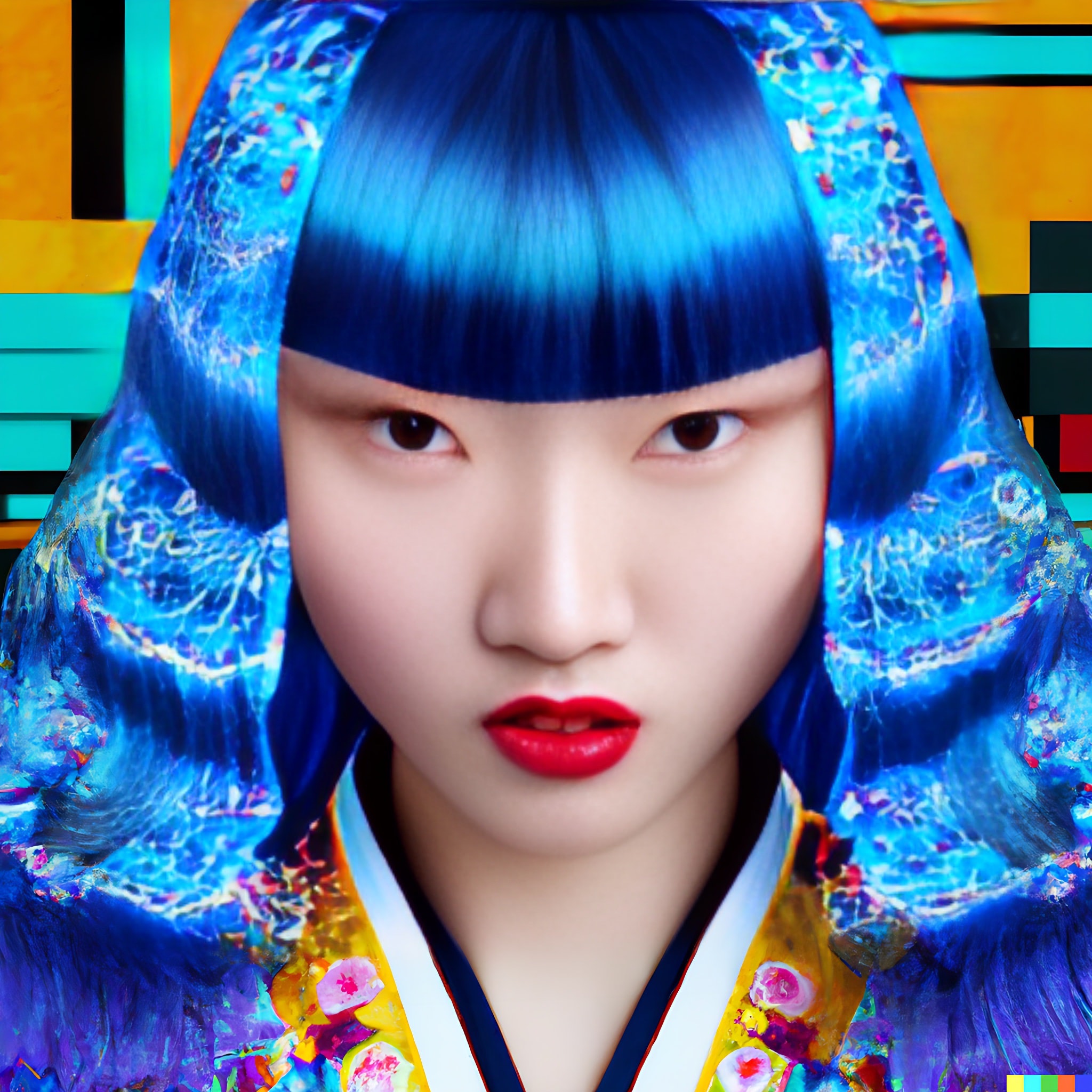 Close-up portrait of a fashion model with vibrant blue hair styled in a traditional Korean Hanbok-inspired design, wearing a colorful Hanbok.